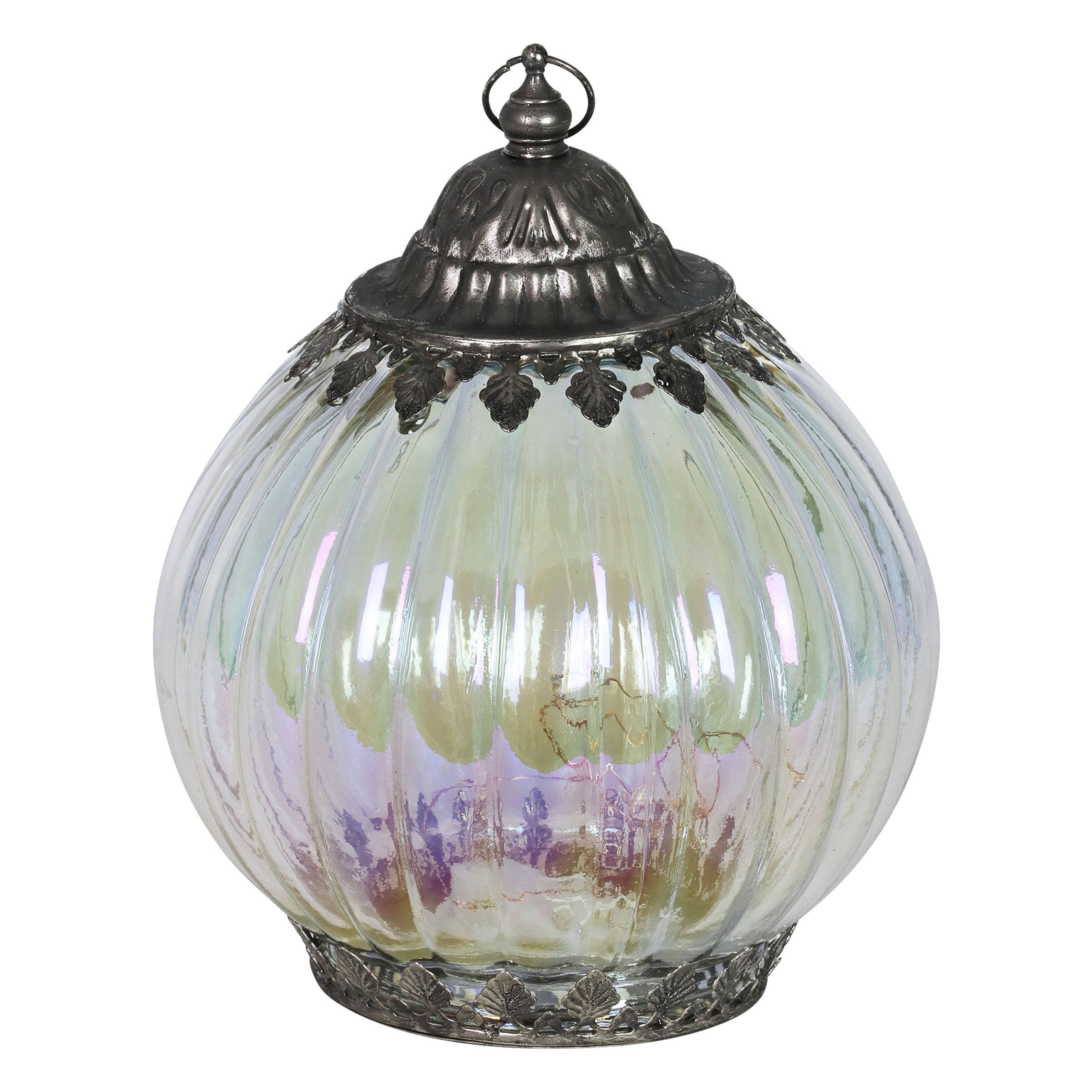 Opal Striped Glass Lantern With Timer, 8 Inch
