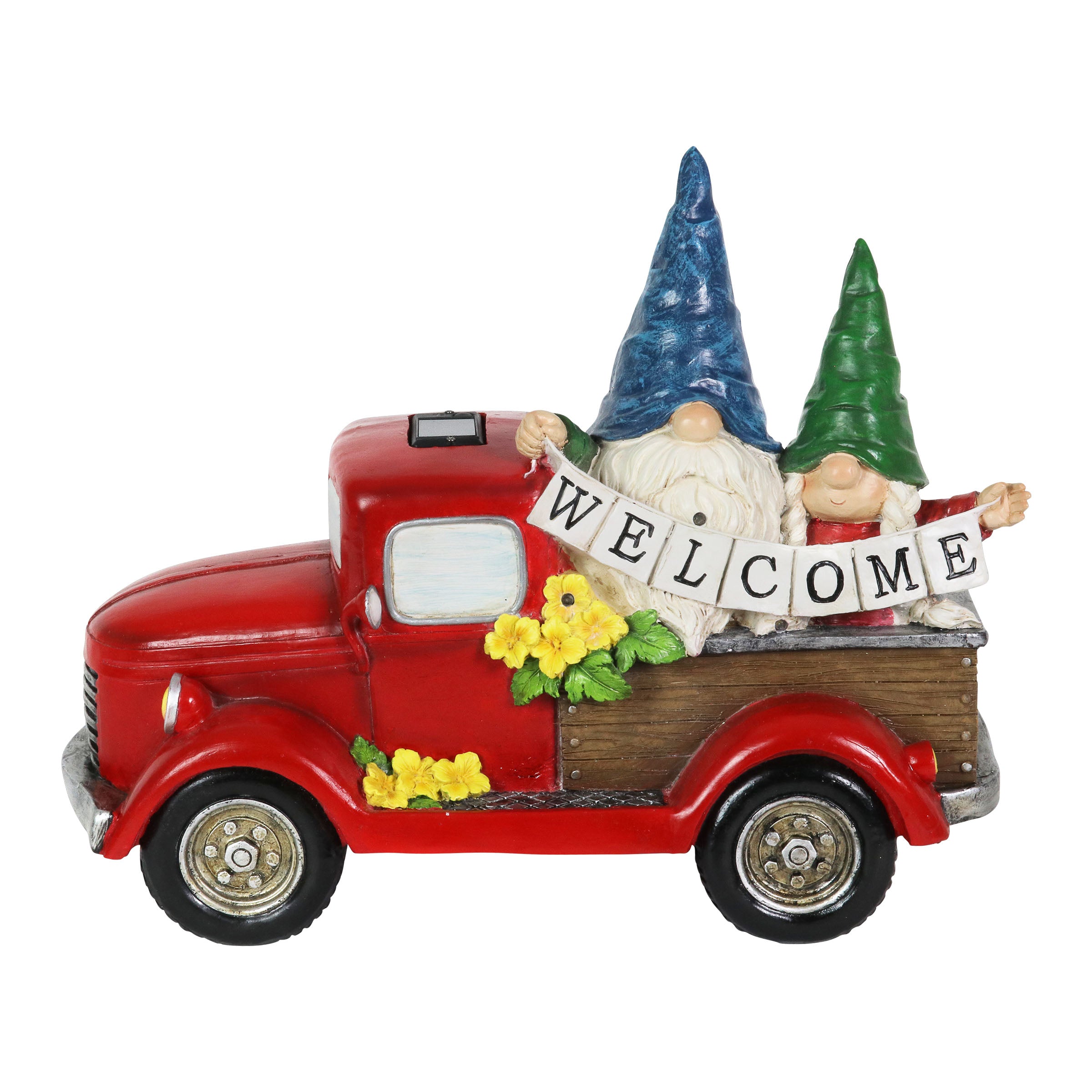 Solar Gnome Couple in Red Retro Truck with LED Welcome Sign Garden Statuary - Thumbnail 3