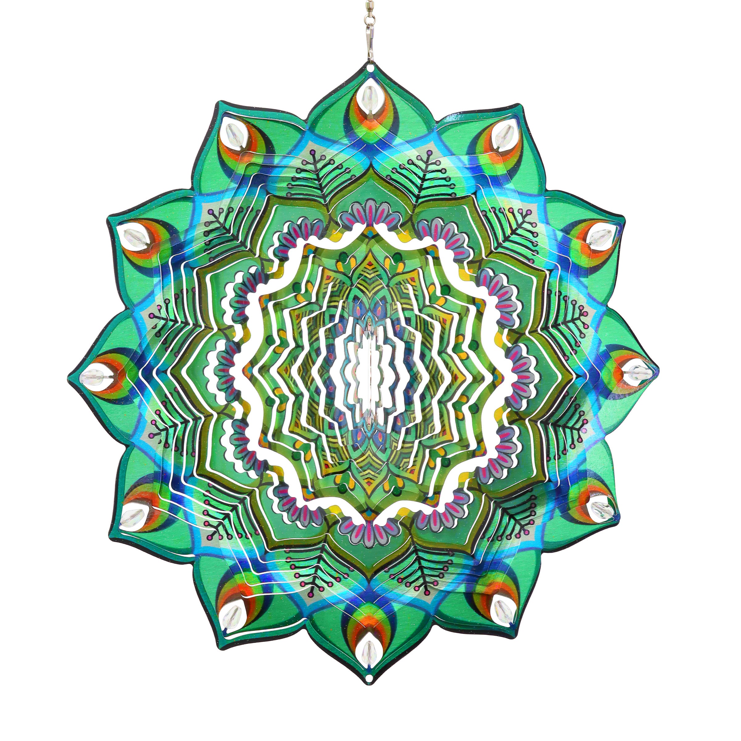 Laser Cut Green Metal Hanging Garden Spinner with Beaded Details