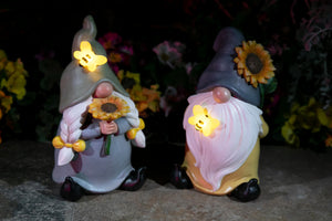Solar Hand Painted Girl Gnome Garden Statue with Glowing Sunflower and Bumblebee, 6 by 9.5 Inches | Exhart