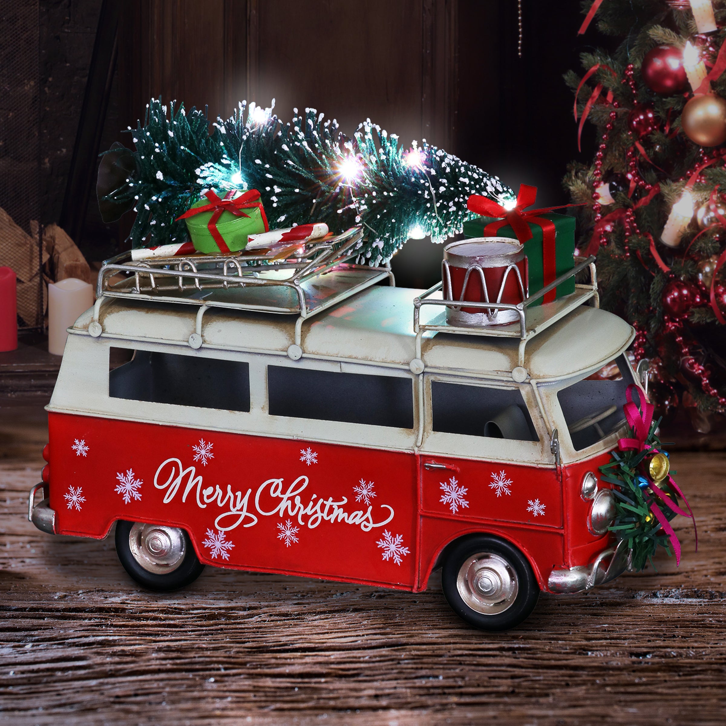Red Metal Holiday Van with LED Christmas Tree Decor - Thumbnail 5