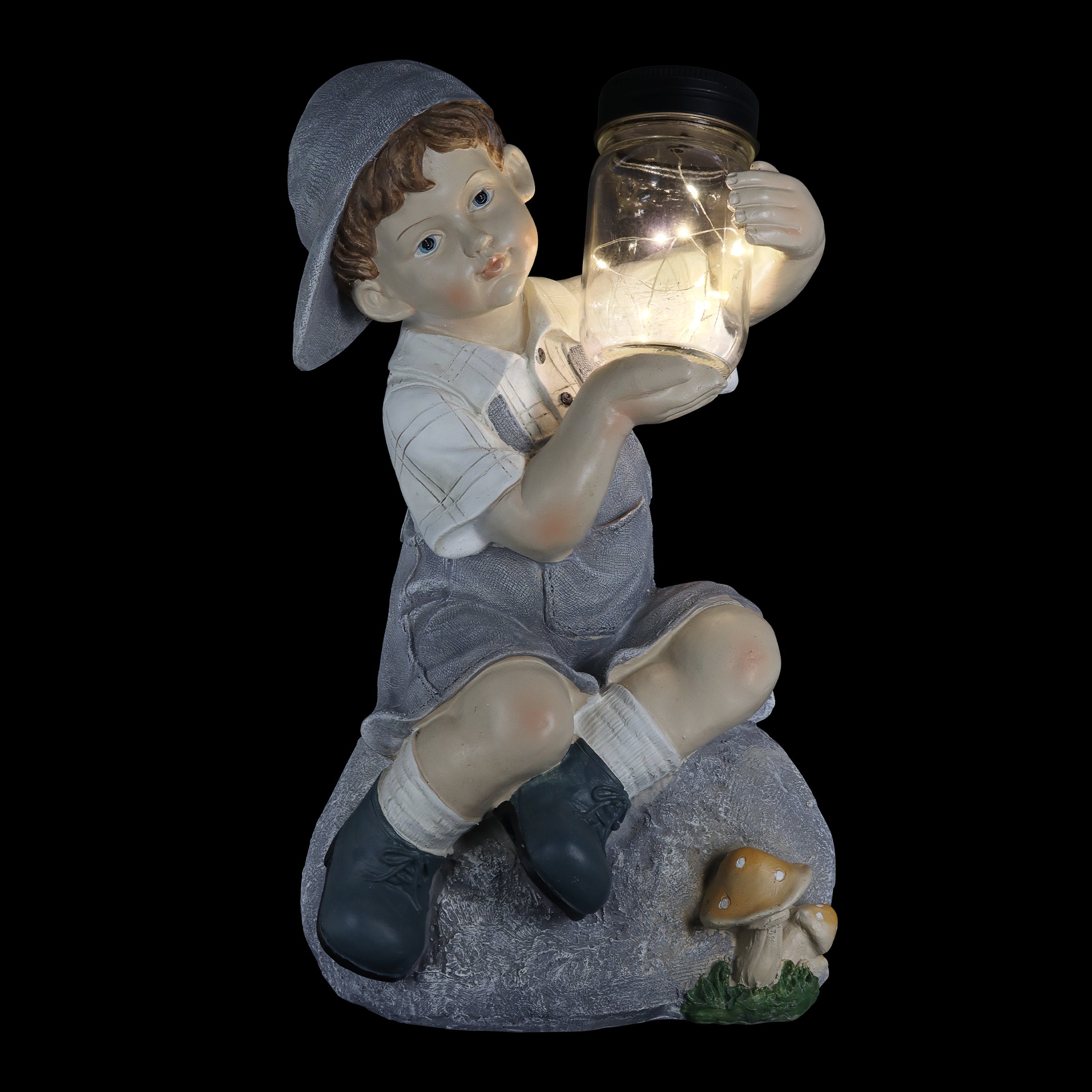 Solar Boy Holding a LED Firefly Jar Garden Statuary - Thumbnail 5