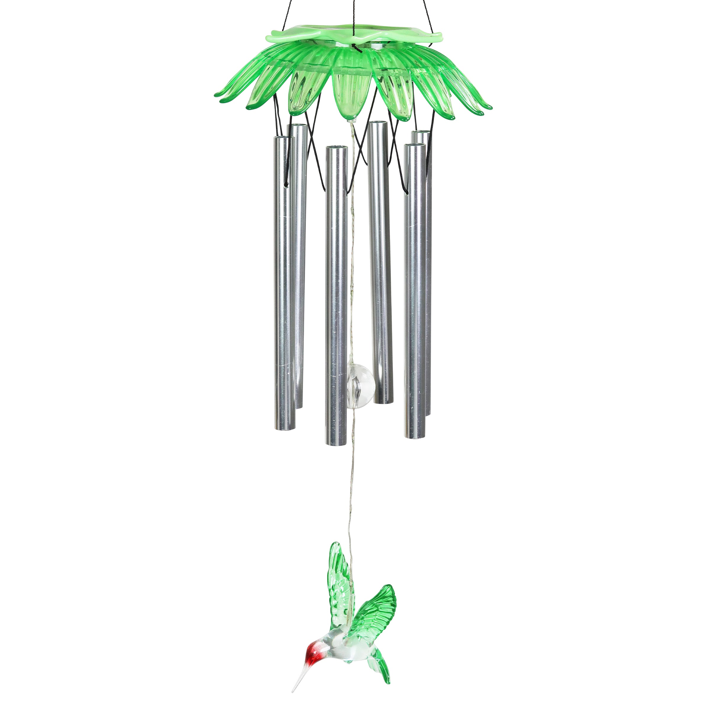 Solar LED Green Flower Hanging Wind Chime with Hummingbird Charm - Thumbnail 3