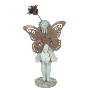 Stone Fairy Right Facing Statue with Metal Wings and Metal Flower, 8.5 by 19 Inch | Shop Garden Decor by Exhart