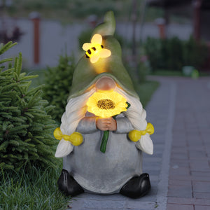 Solar Hand Painted Girl Gnome Garden Statue with Glowing Sunflower and Bumblebee, 6 by 9.5 Inches | Exhart