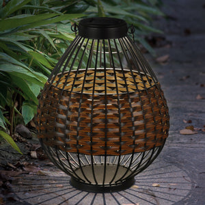 Solar Black Metal and Brown Plastic Rattan Lantern, 8.5 by 22 Inches | Shop Garden Decor by Exhart