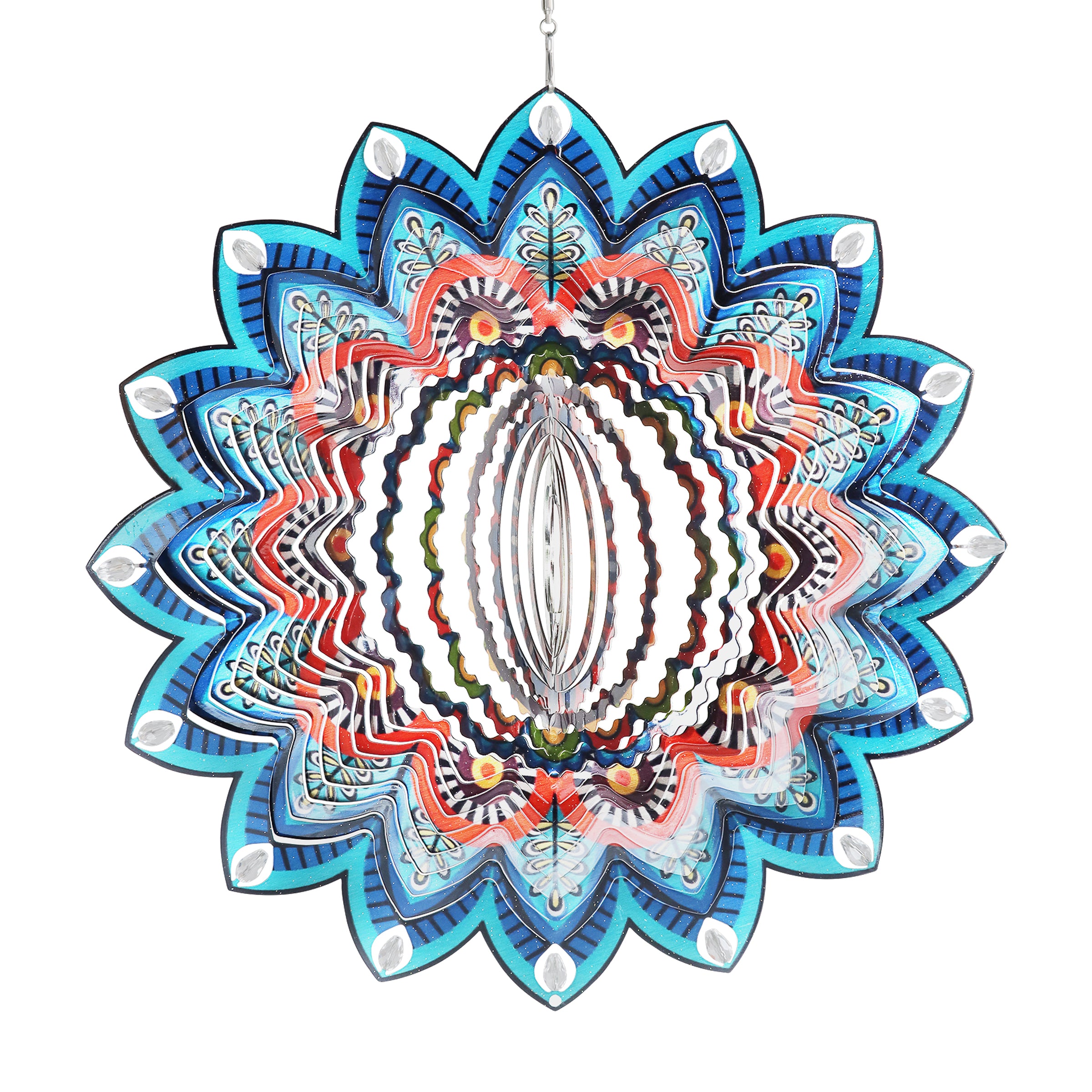 Laser Cut Colorful Metal Mandala Hanging Spinner with Beaded Details - Thumbnail 3