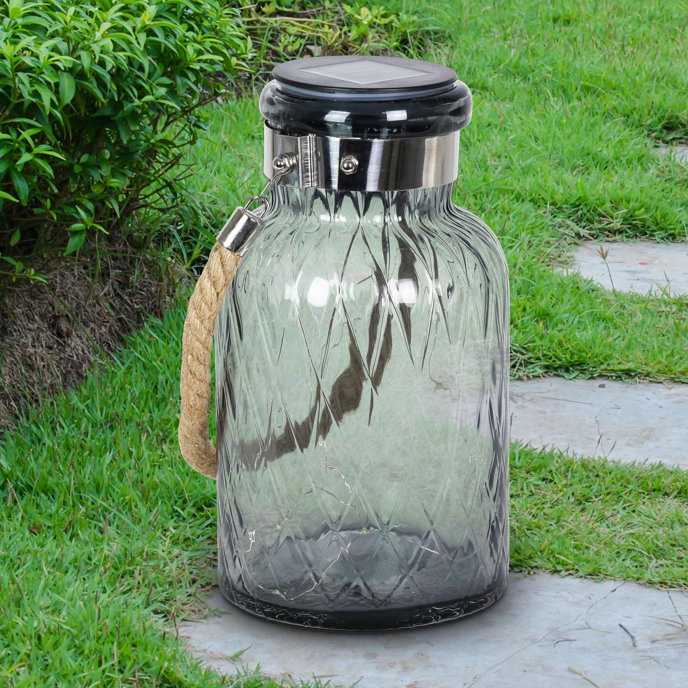 Solar Diamond Glass Accent Lantern with Rope and Twelve LED Lights in Grey, 10.5 Inches - Thumbnail 4