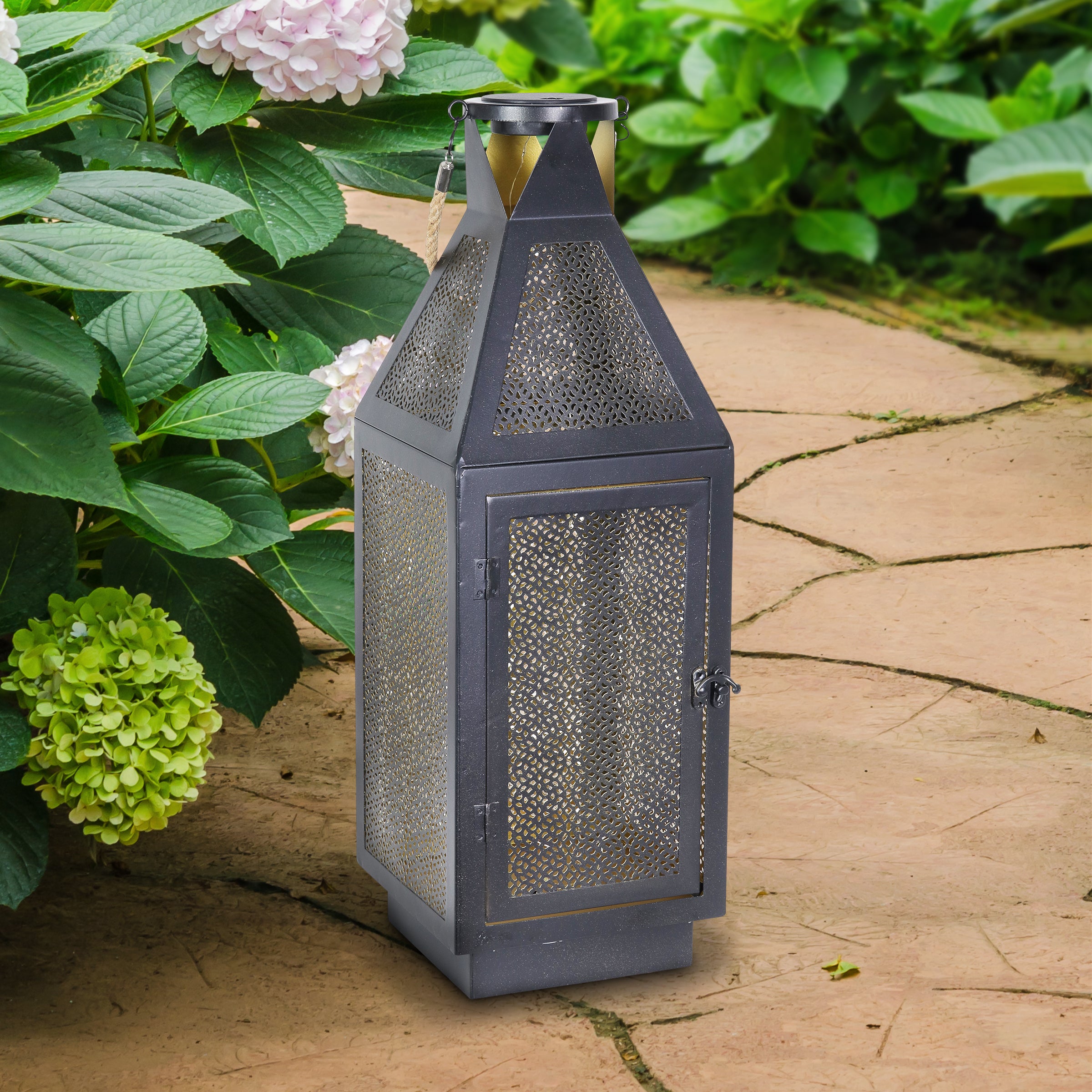 Black Metal Filigree Lantern with Fifty LED Lights - Thumbnail 5