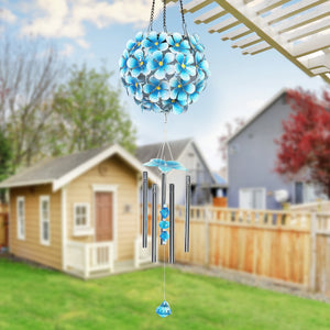 Solar Hanging Turquoise Hydrangea Flower Ball Wind Chime with Thirty-Eight LED Lights, 6 by 27 Inches | Exhart