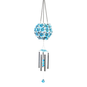 Solar Hanging Turquoise Hydrangea Flower Ball Wind Chime with Thirty-Eight LED Lights, 6 by 27 Inches | Exhart