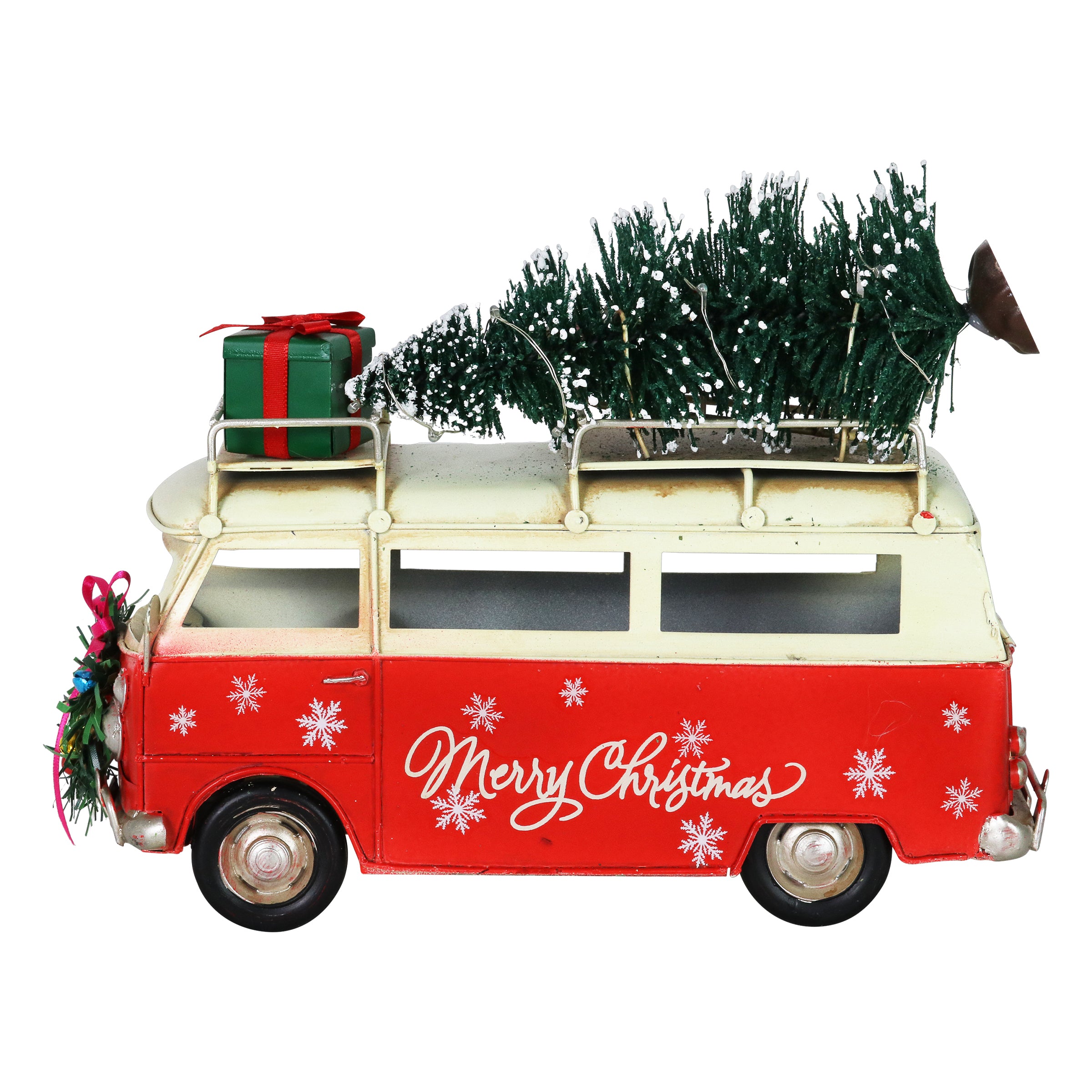 Red Metal Holiday Van with LED Christmas Tree Decor - Thumbnail 3