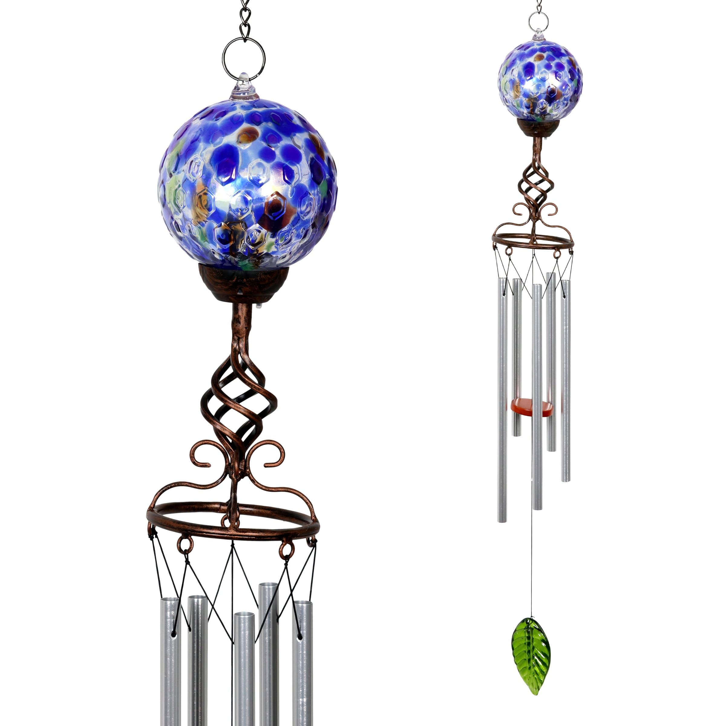 Solar Pearlized Blue Honeycomb Glass Ball Wind Chime with Metal Finial Detail