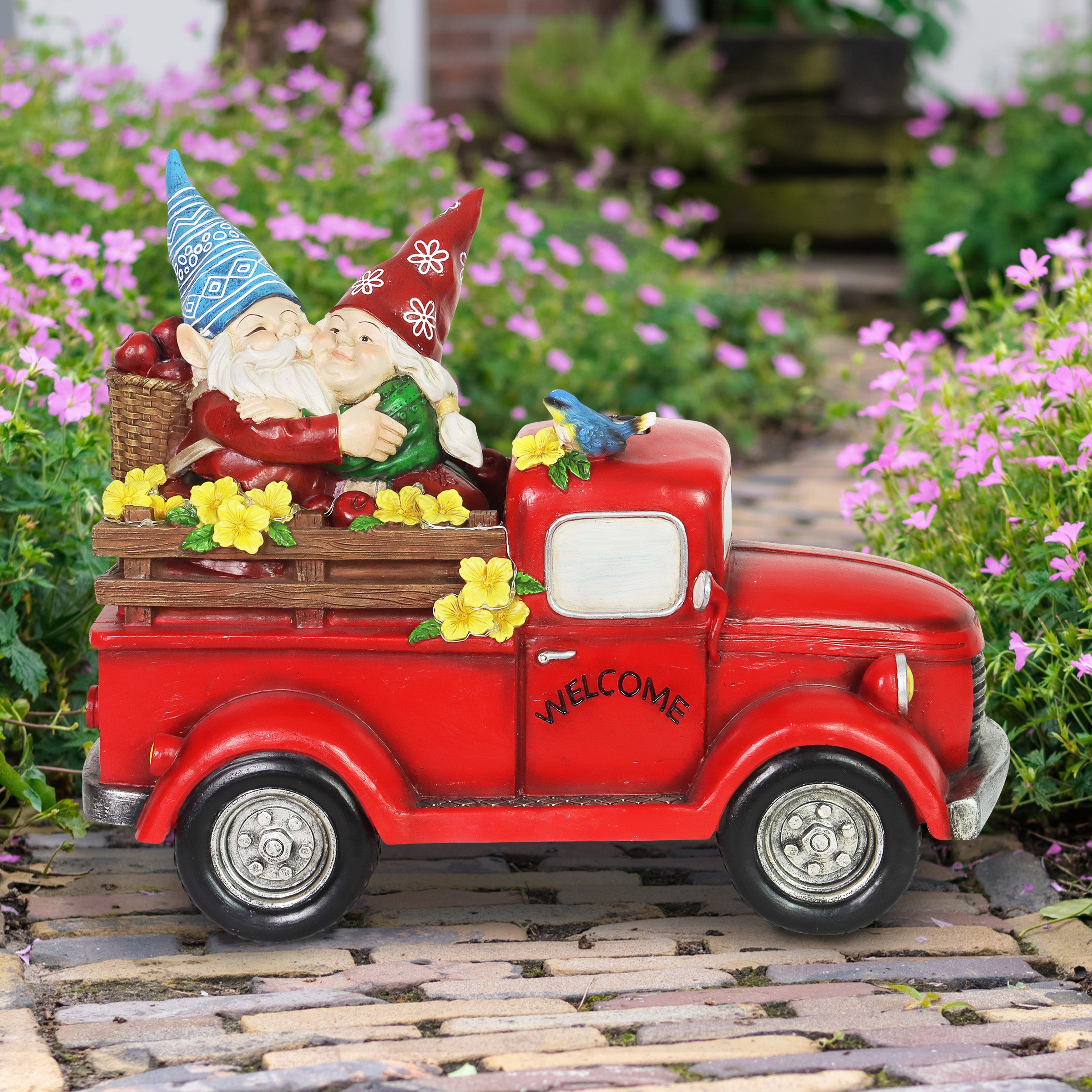 Solar Gnome Couple in Red Retro Truck with LED Welcome Sign Garden Statuary - Thumbnail 2