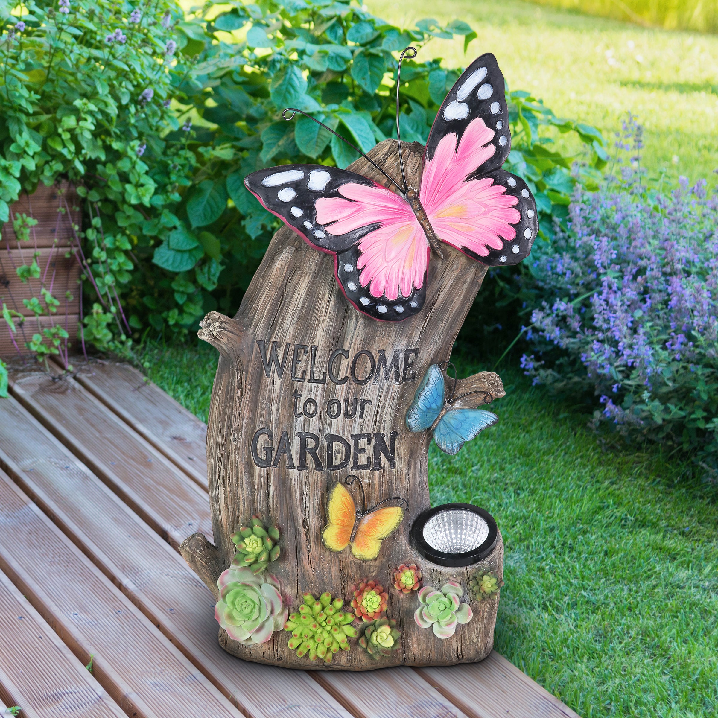 Solar Hand Painted Welcome Tree Stump Statuary with Butterflies and Succulents - Thumbnail 5