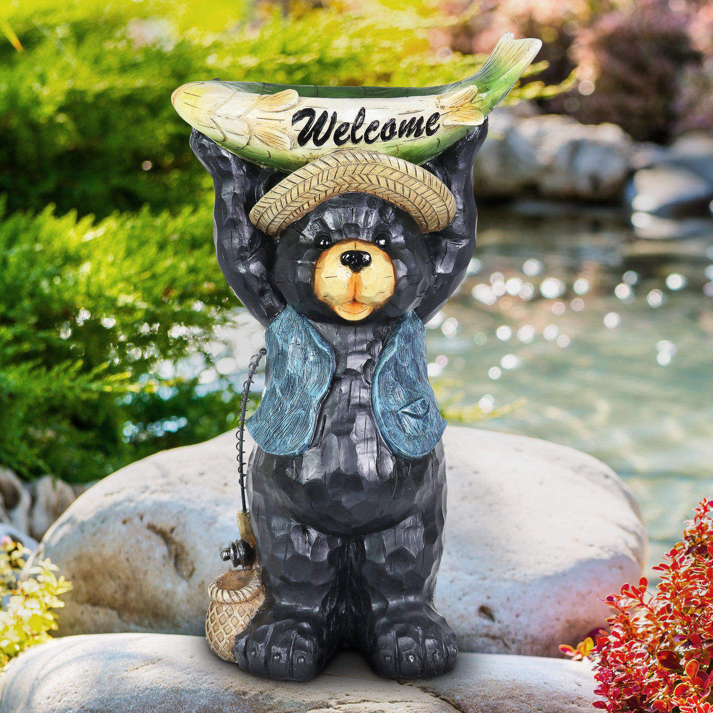 Hand Painted Fisherman Bear Statuary with Welcome Fish Bird Feeder, 11 by 20.5 Inches