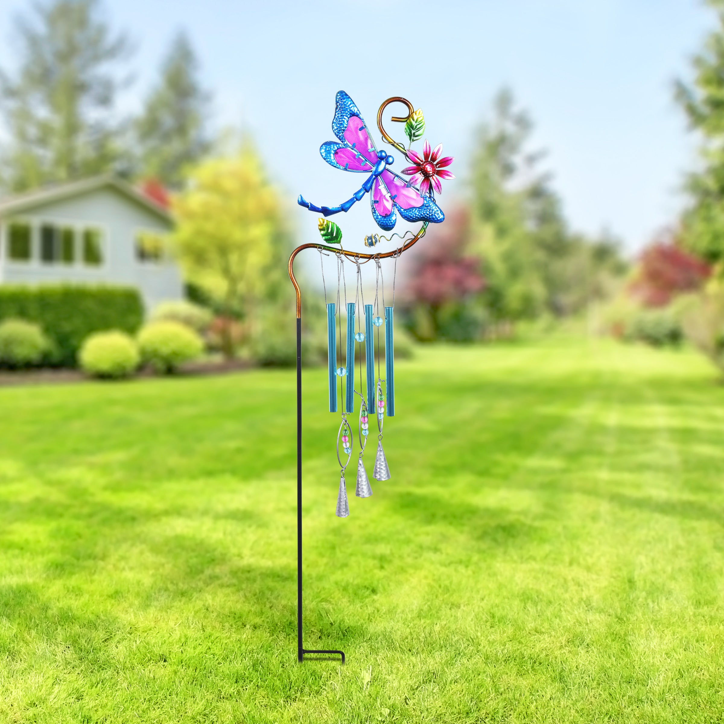 Blue Dragonfly Metal Wind Chime Garden Stake - Thumbnail 2