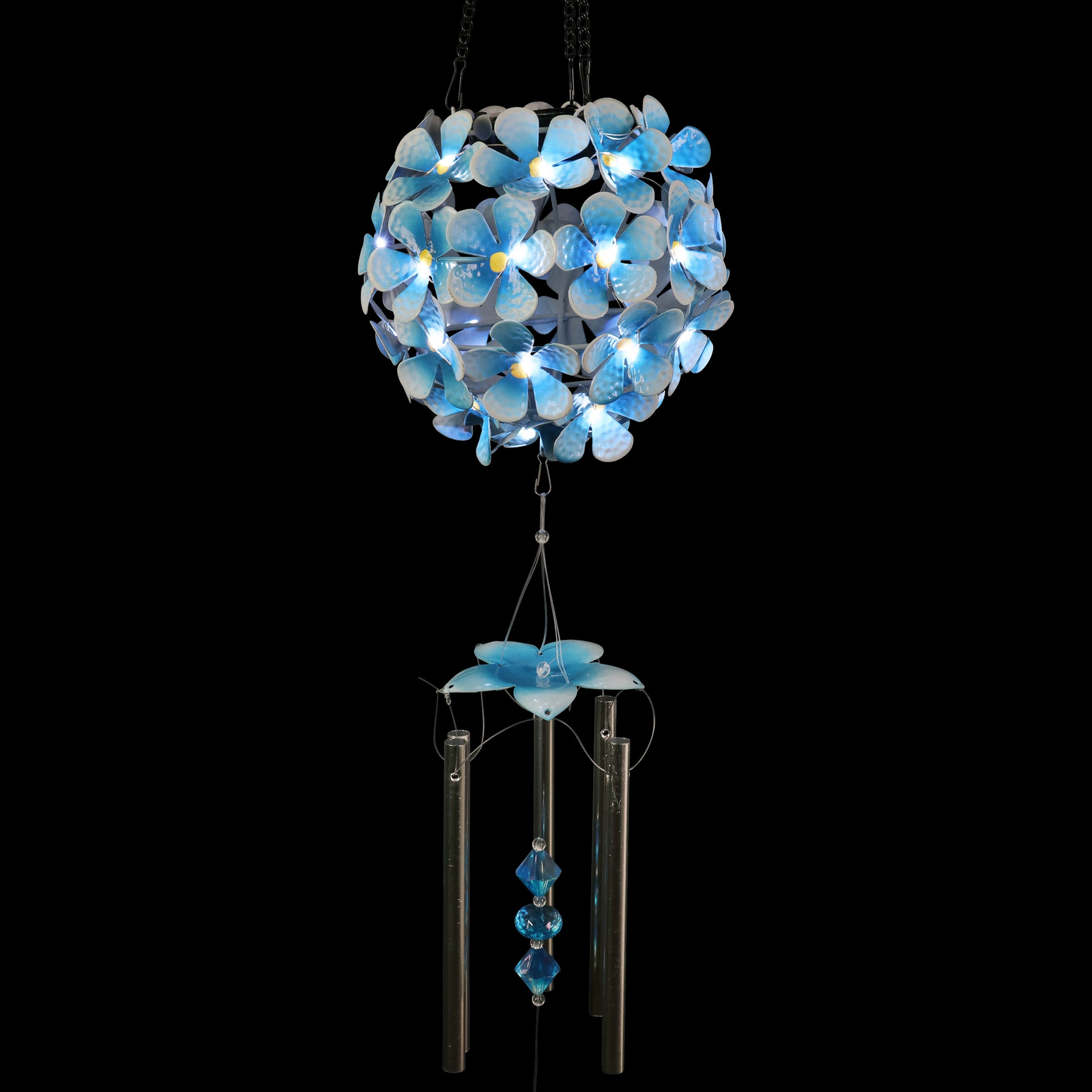 Solar Hanging Turquoise Hydrangea Flower Ball Wind Chime with Thirty-Eight LED Lights - Thumbnail 2