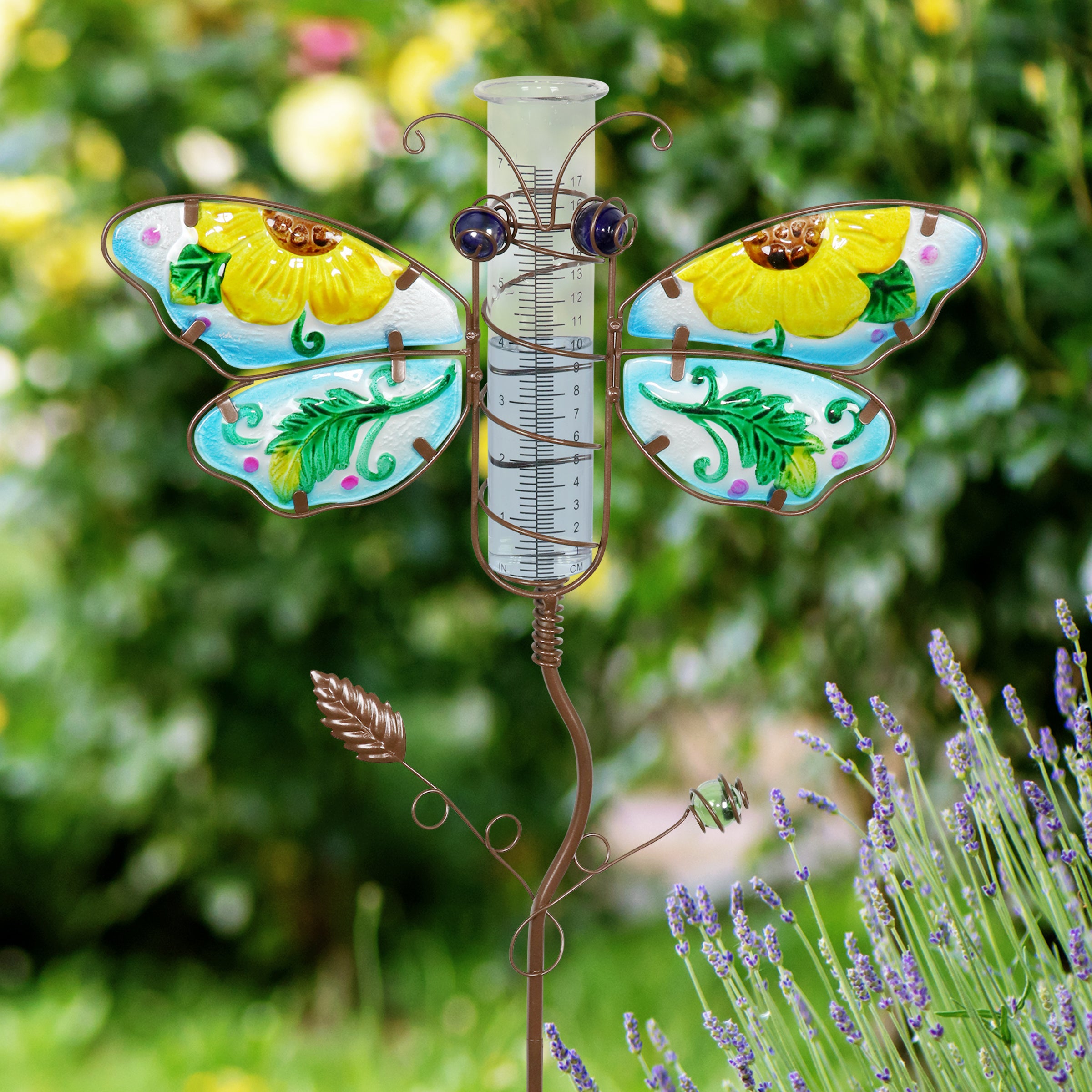 Butterfly Rain Gauge Garden Stake Hand Painted in Blue
