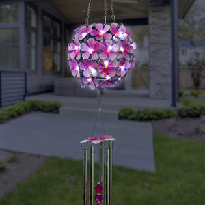 Solar Hanging Pink Hydrangea Flower Ball Wind Chime with Thirty-Eight LED Lights, 6 by 27 Inches | Shop Garden Decor by Exhart