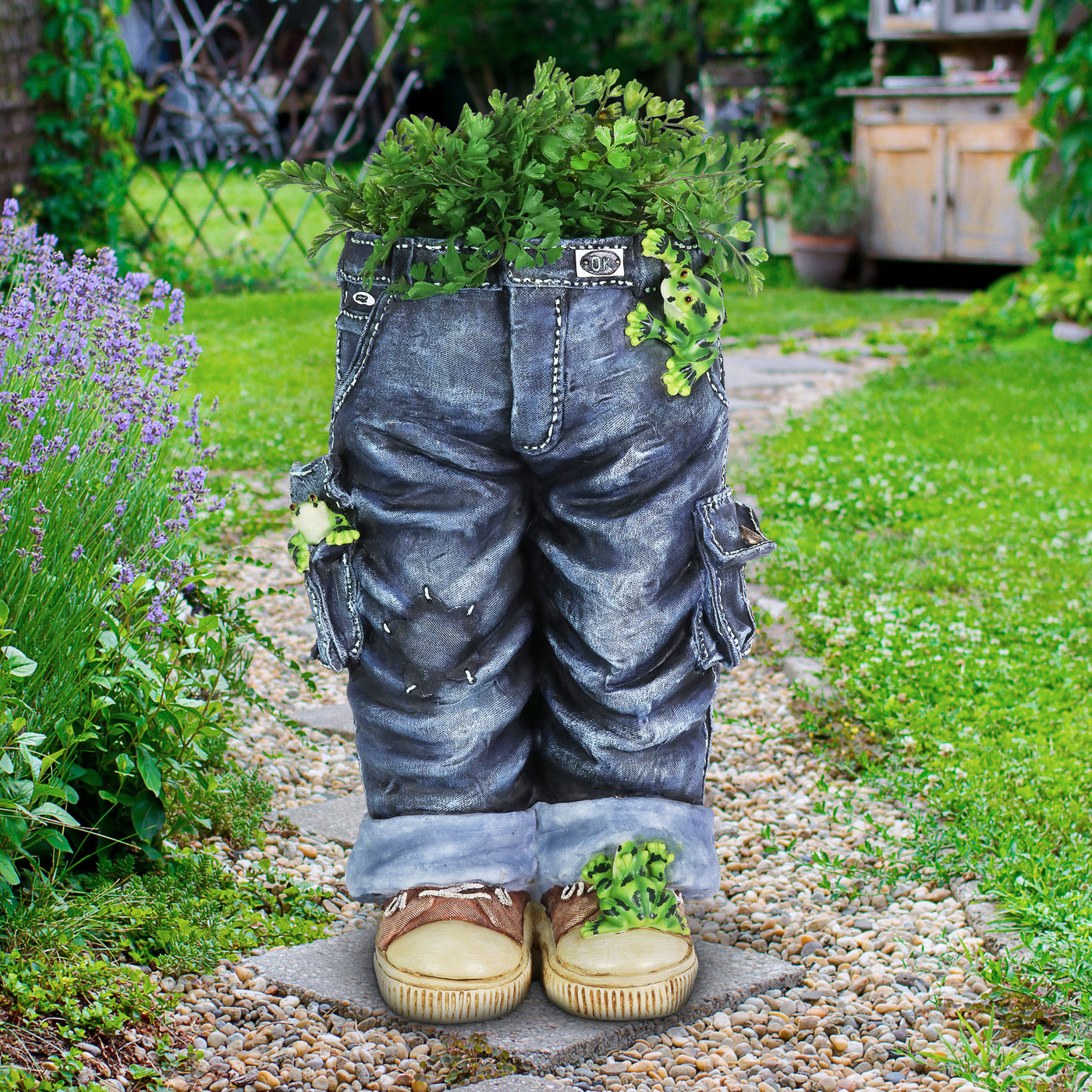 denim plant pots Hand Painted Standing Blue Jeans with Frogs Resin Planter, 13 by 19.5 Inches