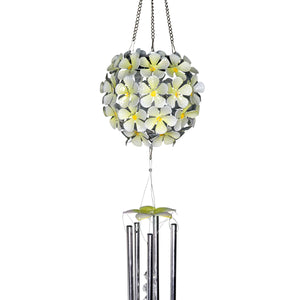 Solar Hanging White Hydrangea Flower Ball Wind Chime with Thirty Eight LED lights, 6 by 27 Inches | Exhart