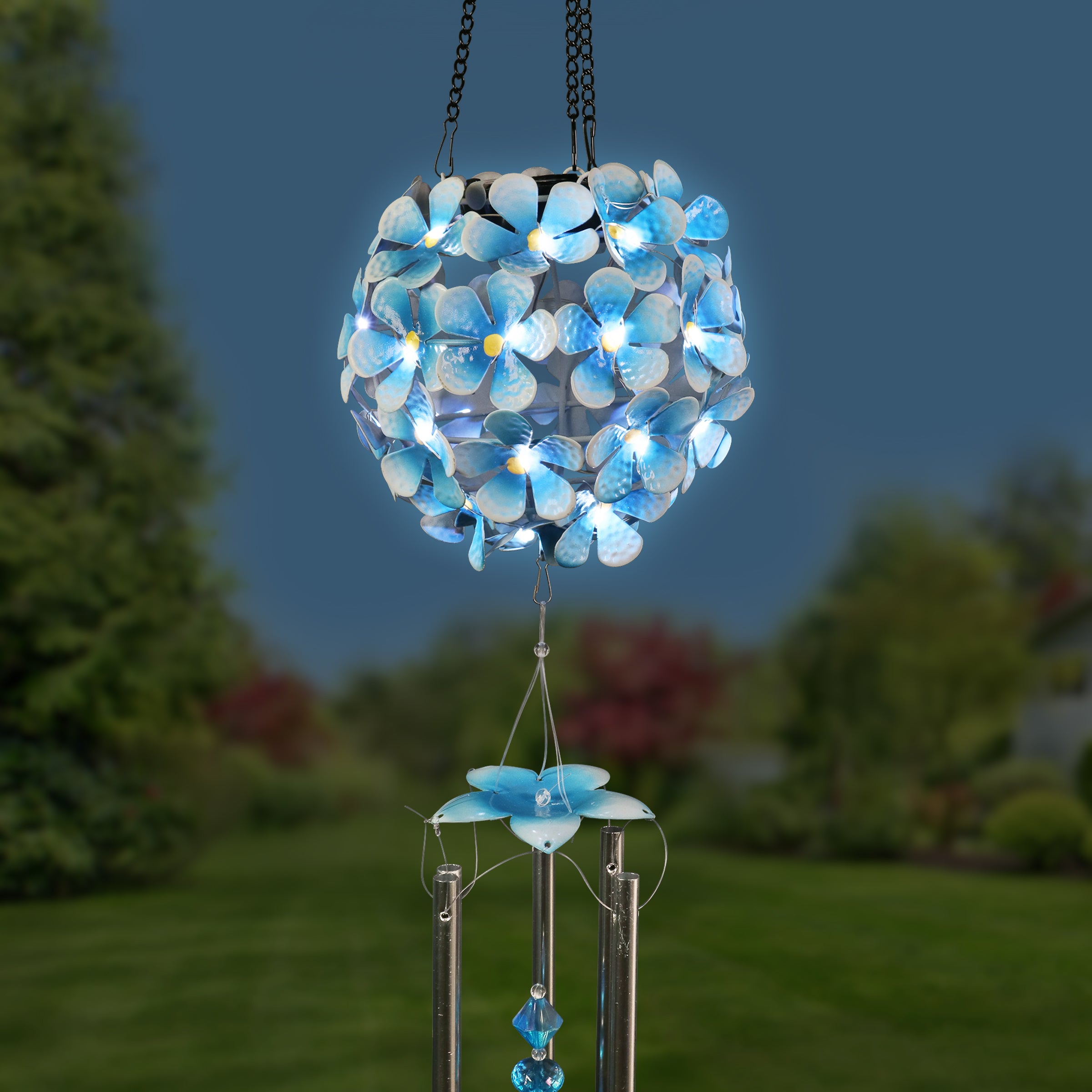 Solar Hanging Turquoise Hydrangea Flower Ball Wind Chime with Thirty-Eight LED Lights - Thumbnail 3