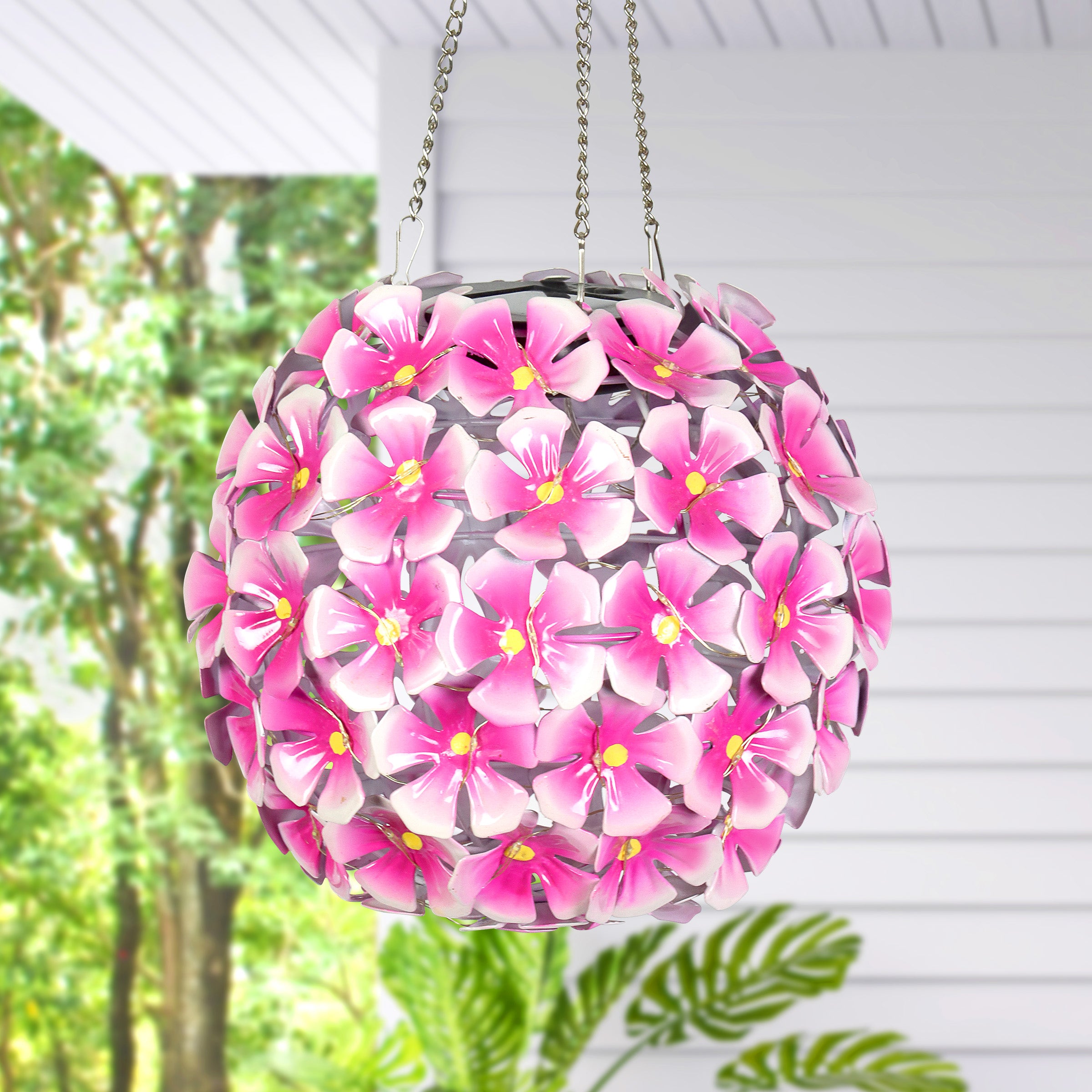 Solar Hanging Hydrangea Flower Ball Garden Décor in Pink - Thumbnail 4