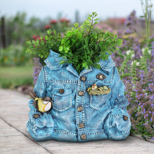 Hand Painted Blue Jean Jacket with Birds Resin Planter, 14.5 by 11.5 Inches | Shop Garden Decor by Exhart