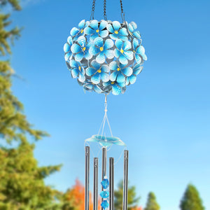 Solar Hanging Turquoise Hydrangea Flower Ball Wind Chime with Thirty-Eight LED Lights, 6 by 27 Inches | Exhart