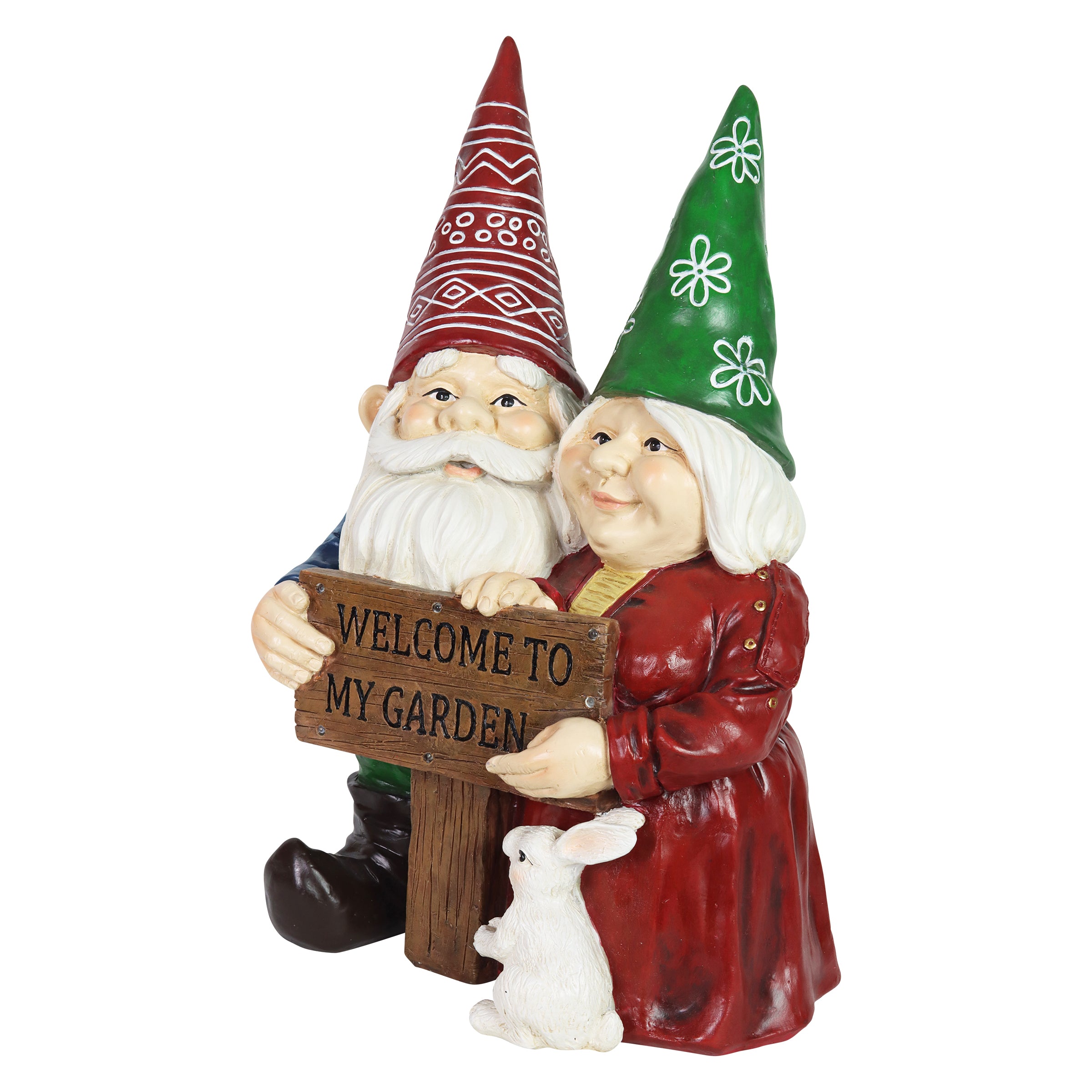 Solar Pastel Garden Gnome Couple with LED Welcome Sign Statuary