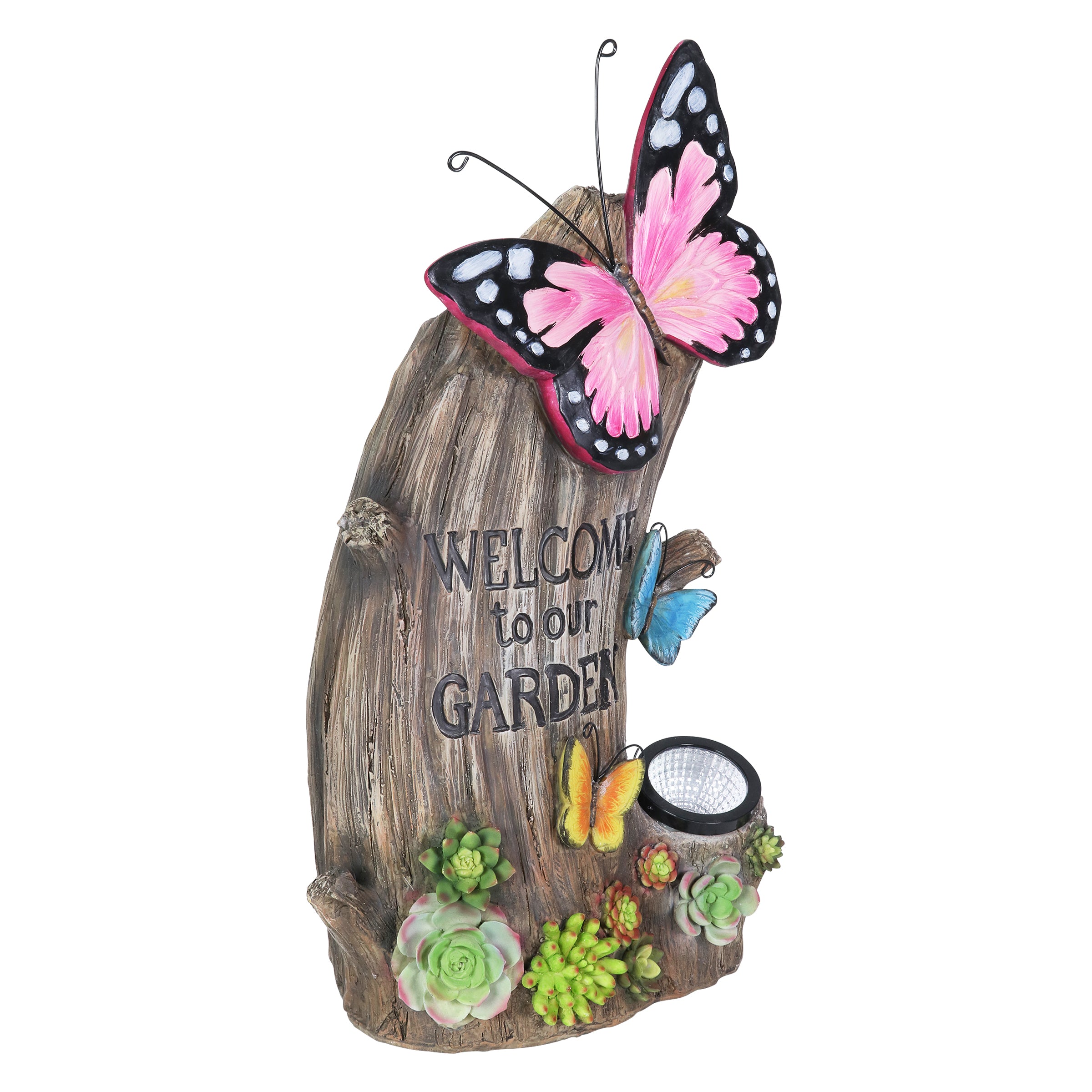 Solar Hand Painted Welcome Tree Stump Statuary with Butterflies and Succulents - Thumbnail 2