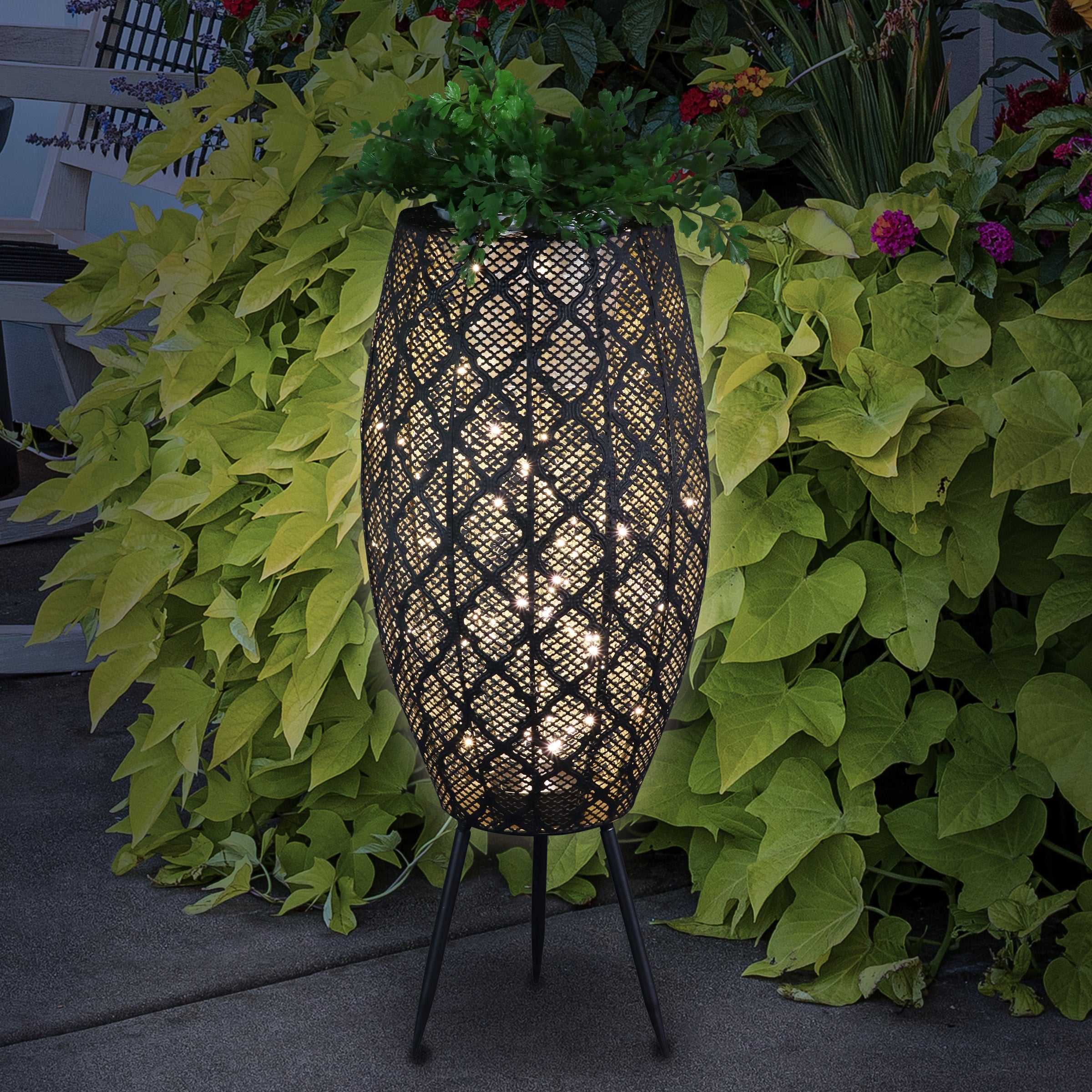 Black Metal Filigree Planter with 30 LED lights on a Battery Operated Timer - Thumbnail 3