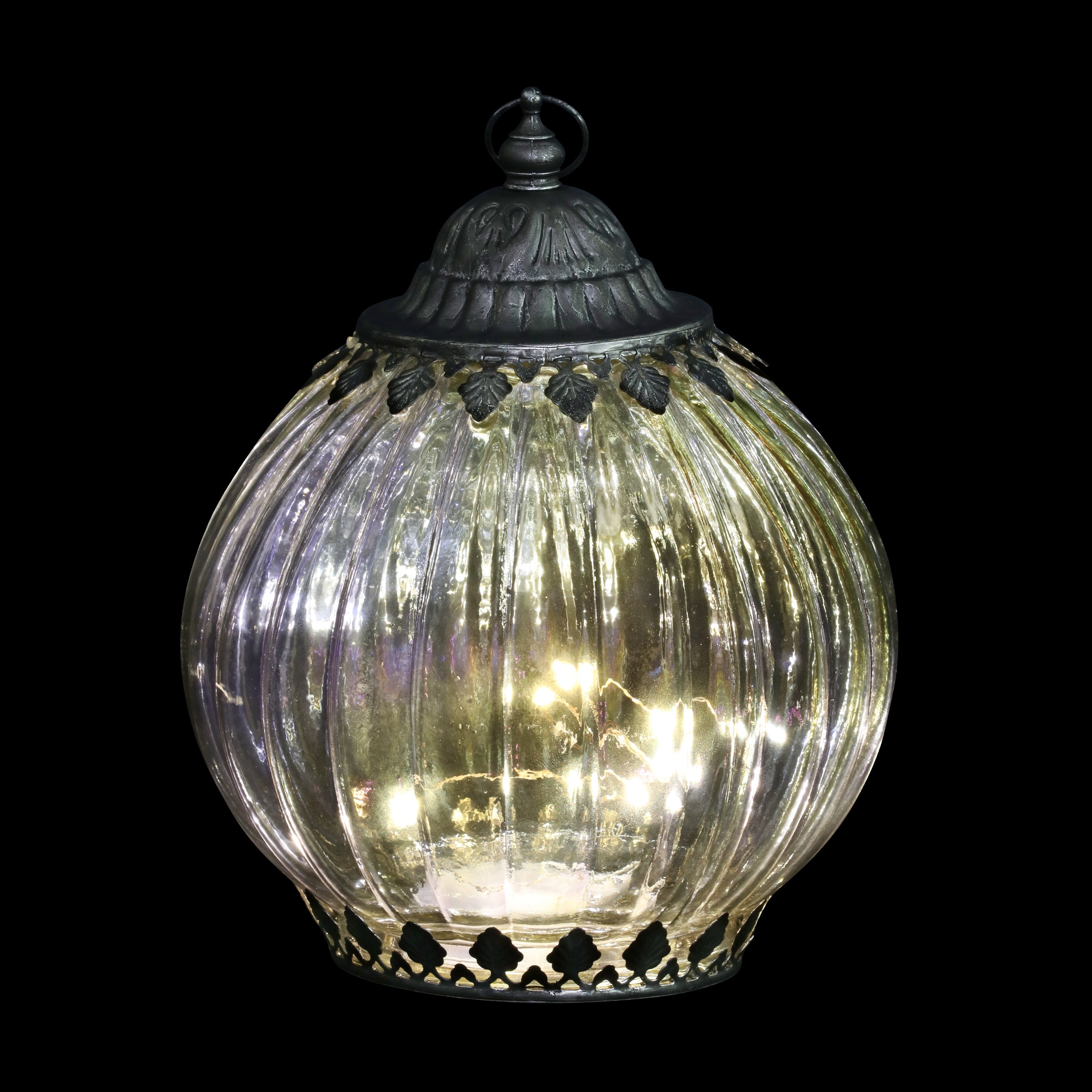 Opal Striped Glass Lantern With Timer, 8 Inch - Thumbnail 4