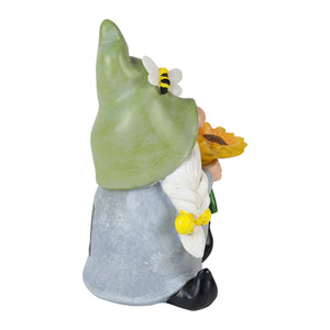 Solar Hand Painted Girl Gnome Garden Statue with Glowing Sunflower and Bumblebee, 6 by 9.5 Inches | Exhart