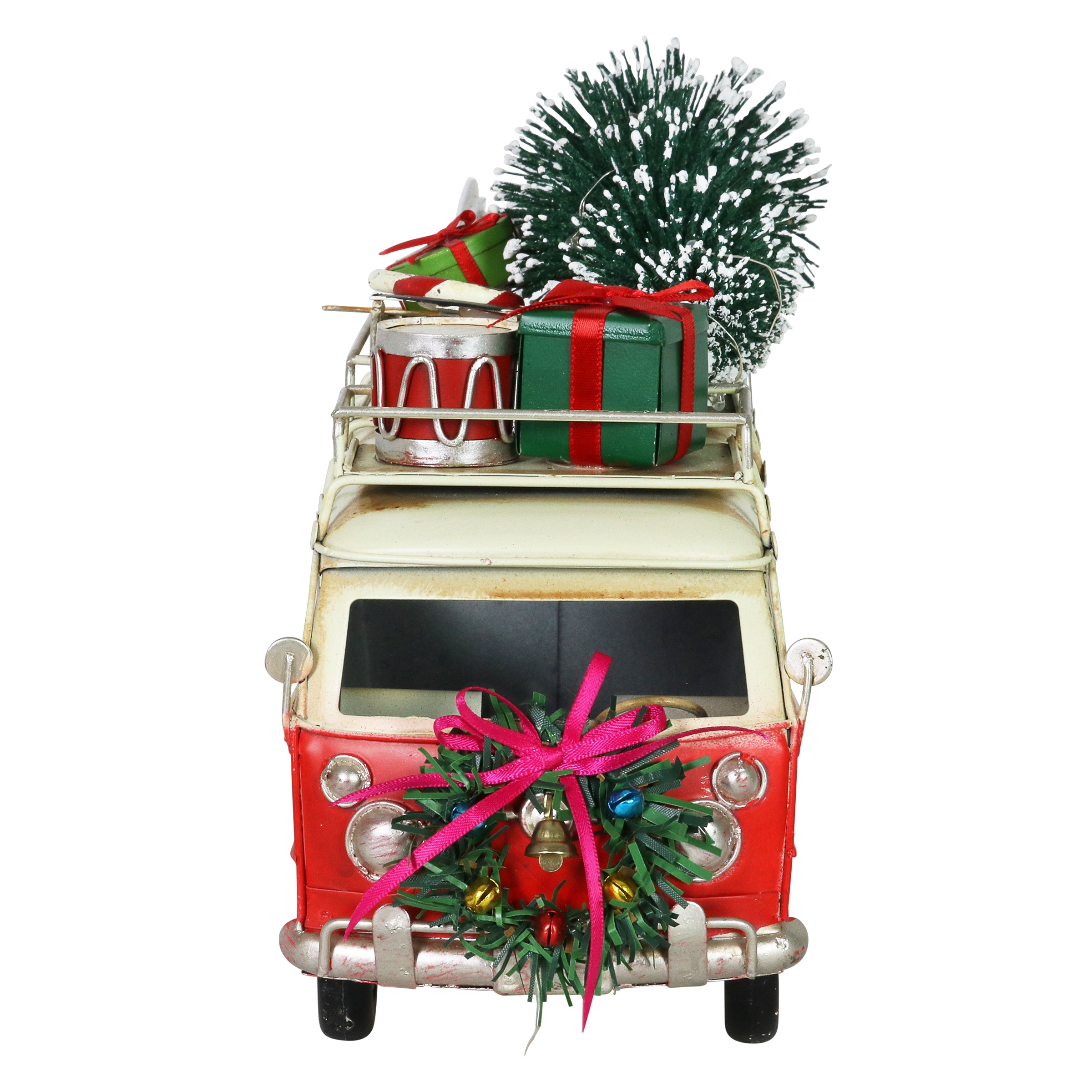 Red Metal Holiday Van with LED Christmas Tree Decor - Thumbnail 2