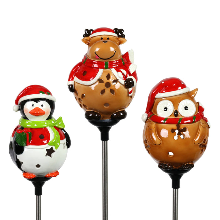 3 Piece Set Solar Holiday Garden Stake Assortment in Penguin, Owl and Reindeer Designs, 5 by 30 Inches