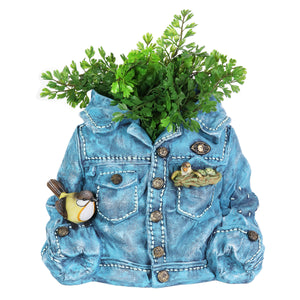 Hand Painted Blue Jean Jacket with Birds Resin Planter, 14.5 by 11.5 Inches | Shop Garden Decor by Exhart