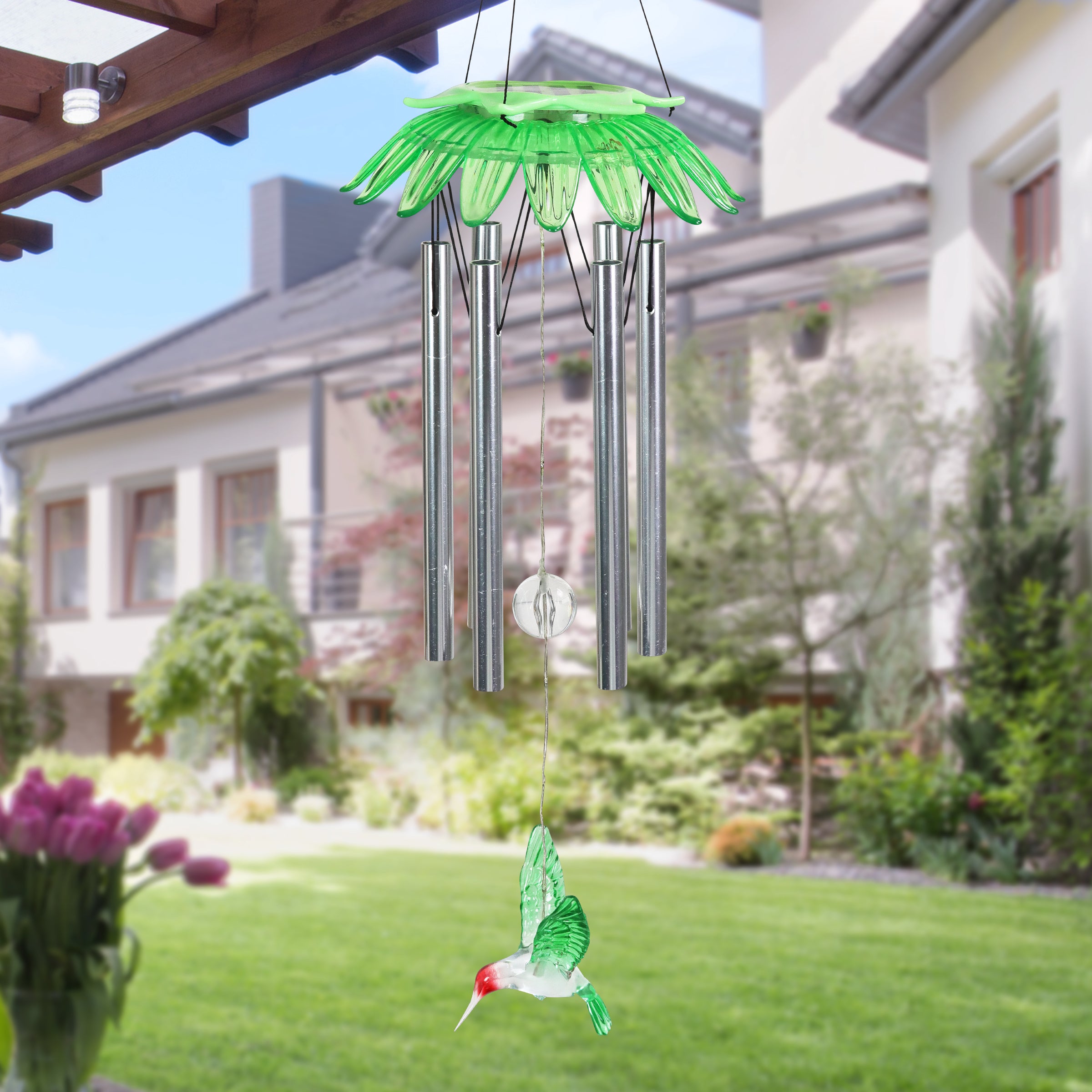 Solar LED Green Flower Hanging Wind Chime with Hummingbird Charm