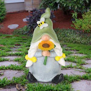 Solar Hand Painted Girl Gnome Garden Statue with Glowing Sunflower and Bumblebee, 6 by 9.5 Inches | Exhart