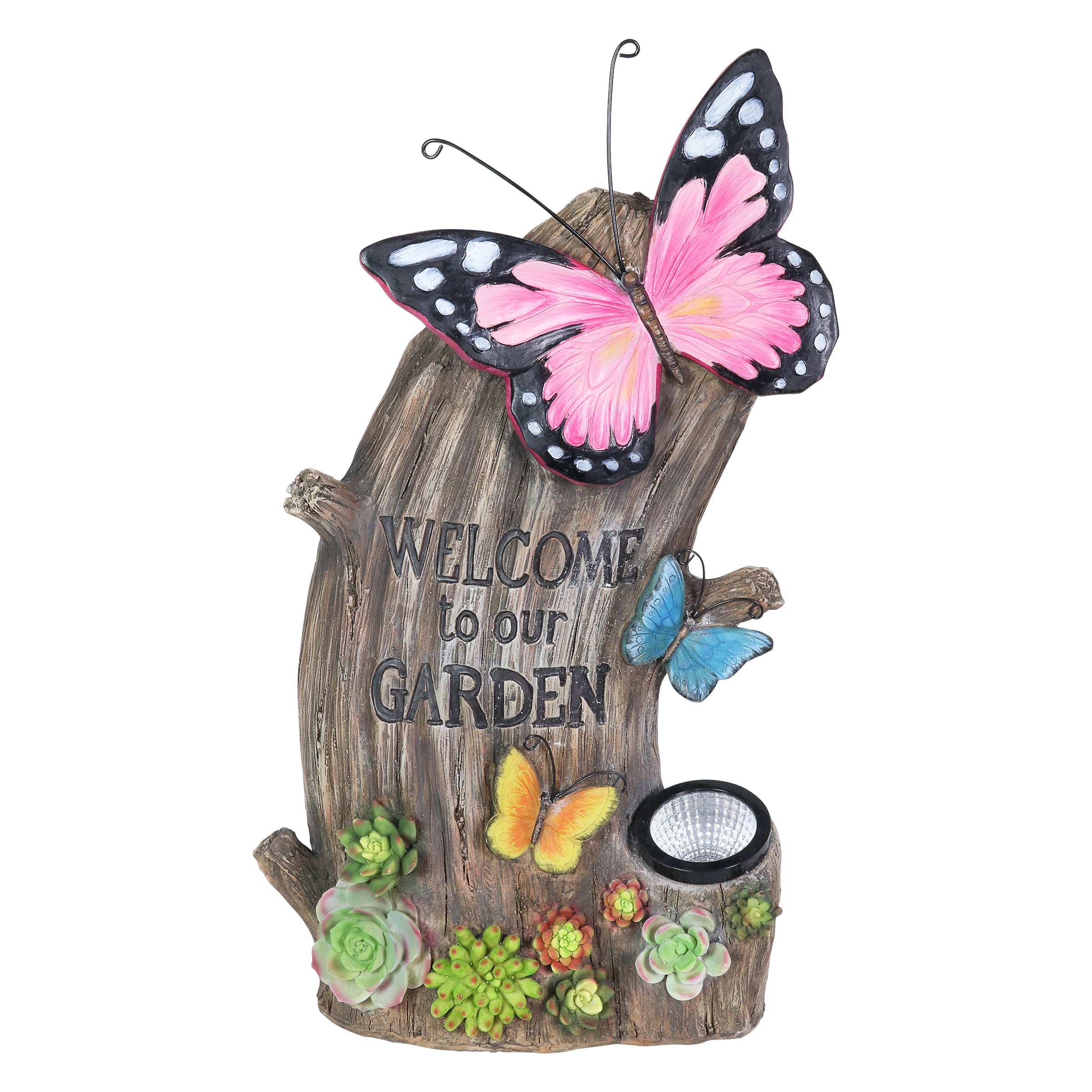 Solar Hand Painted Welcome Tree Stump Statuary with Butterflies and Succulents
