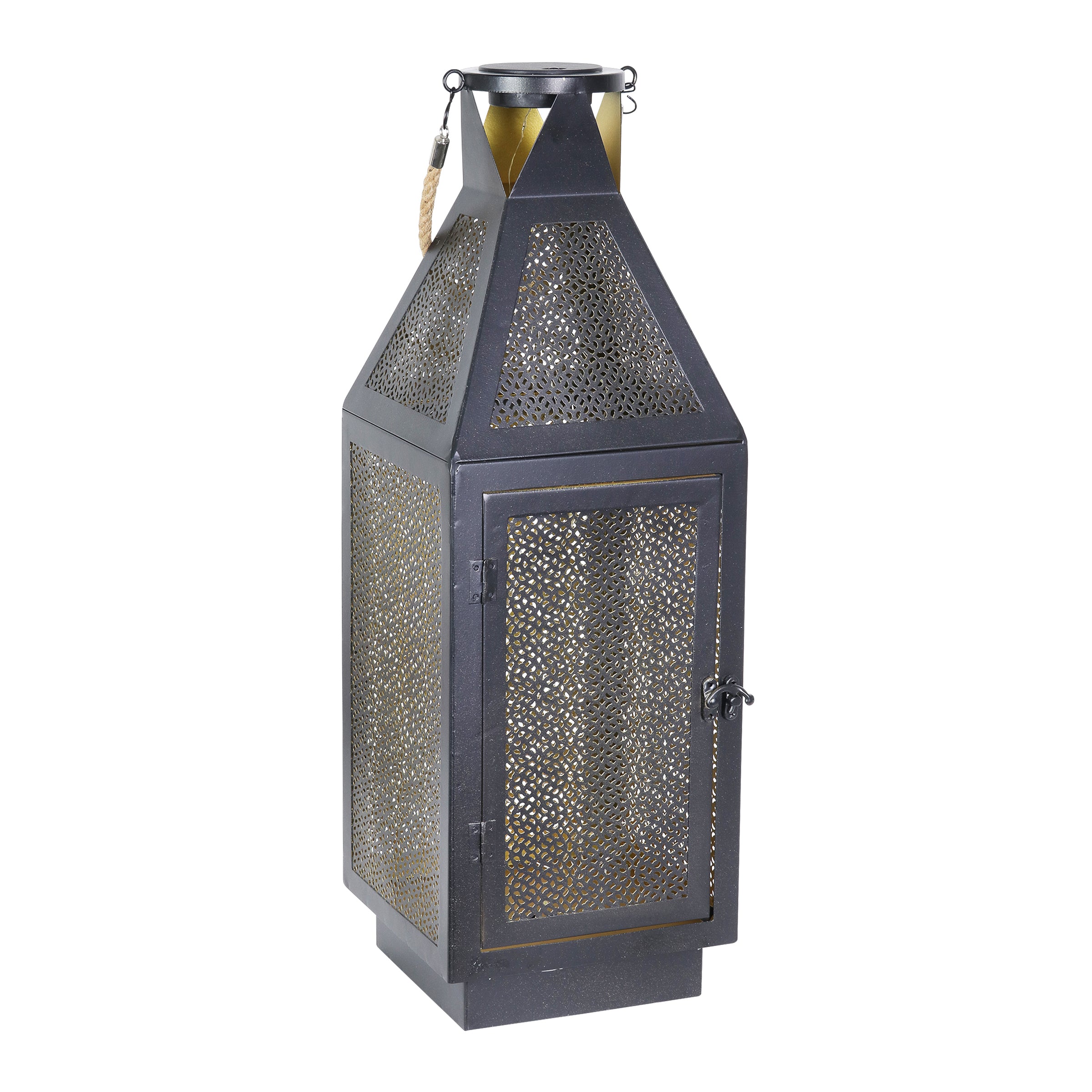 Black Metal Filigree Lantern with Fifty LED Lights