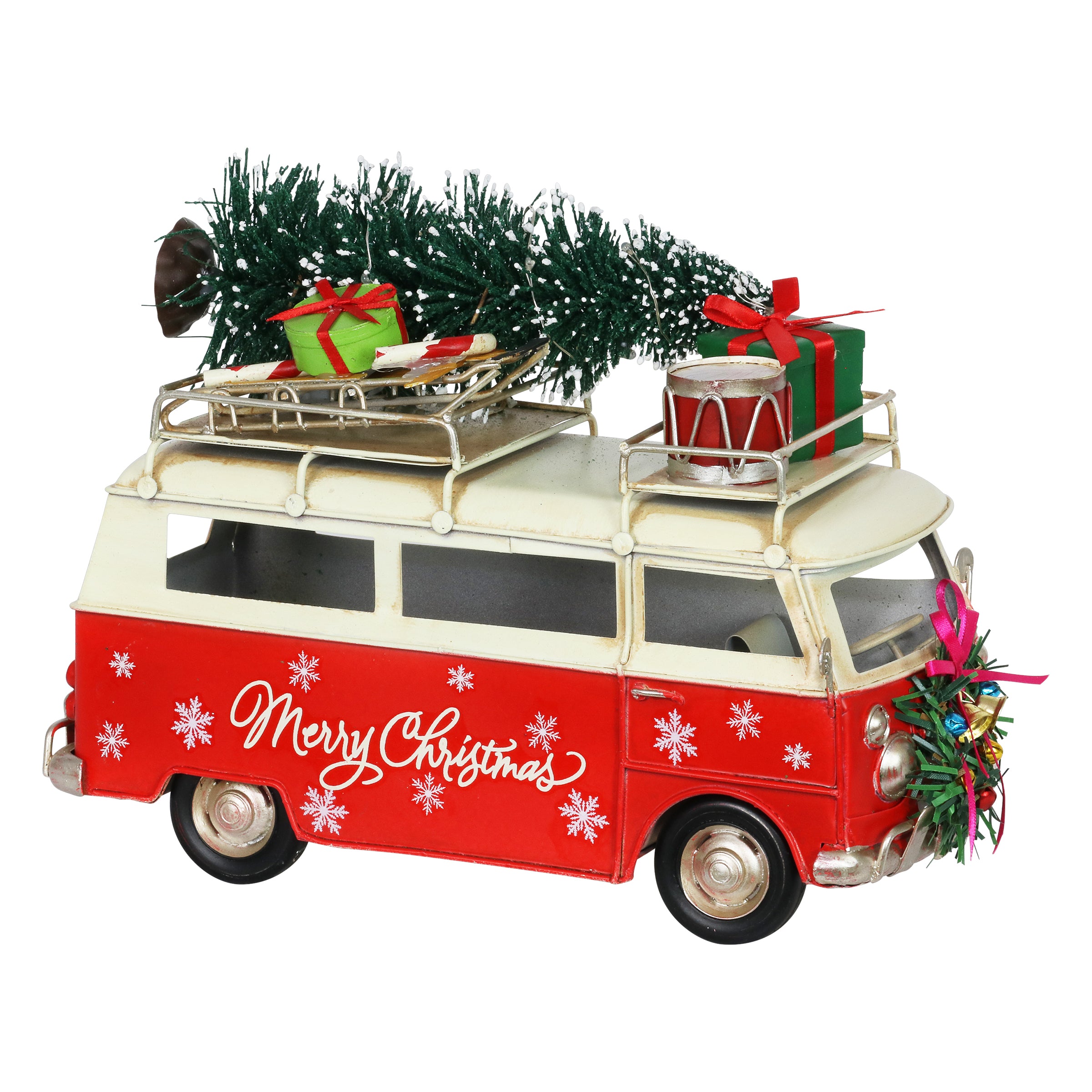 Red Metal Holiday Van with LED Christmas Tree Decor - Thumbnail 4