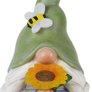 Solar Hand Painted Girl Gnome Garden Statue with Glowing Sunflower and Bumblebee, 6 by 9.5 Inches | Exhart