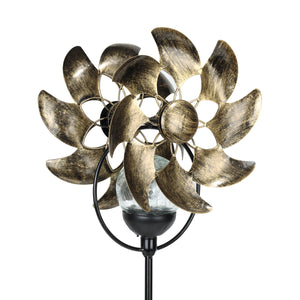 Solar Double Windmill Wind Spinner Garden Stake in a Bronze Finish with Crackle Glass Details, 7 by 43 Inches | Exhart