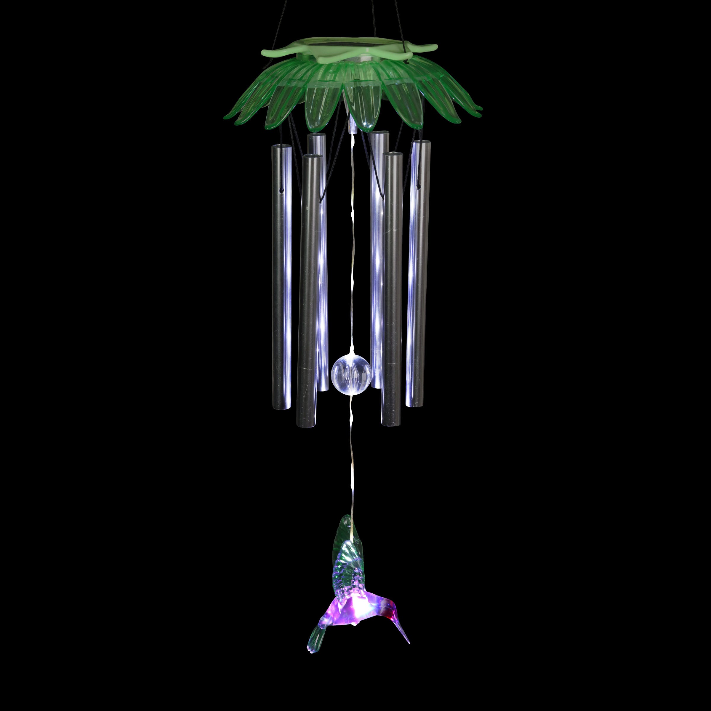 Solar LED Green Flower Hanging Wind Chime with Hummingbird Charm - Thumbnail 5