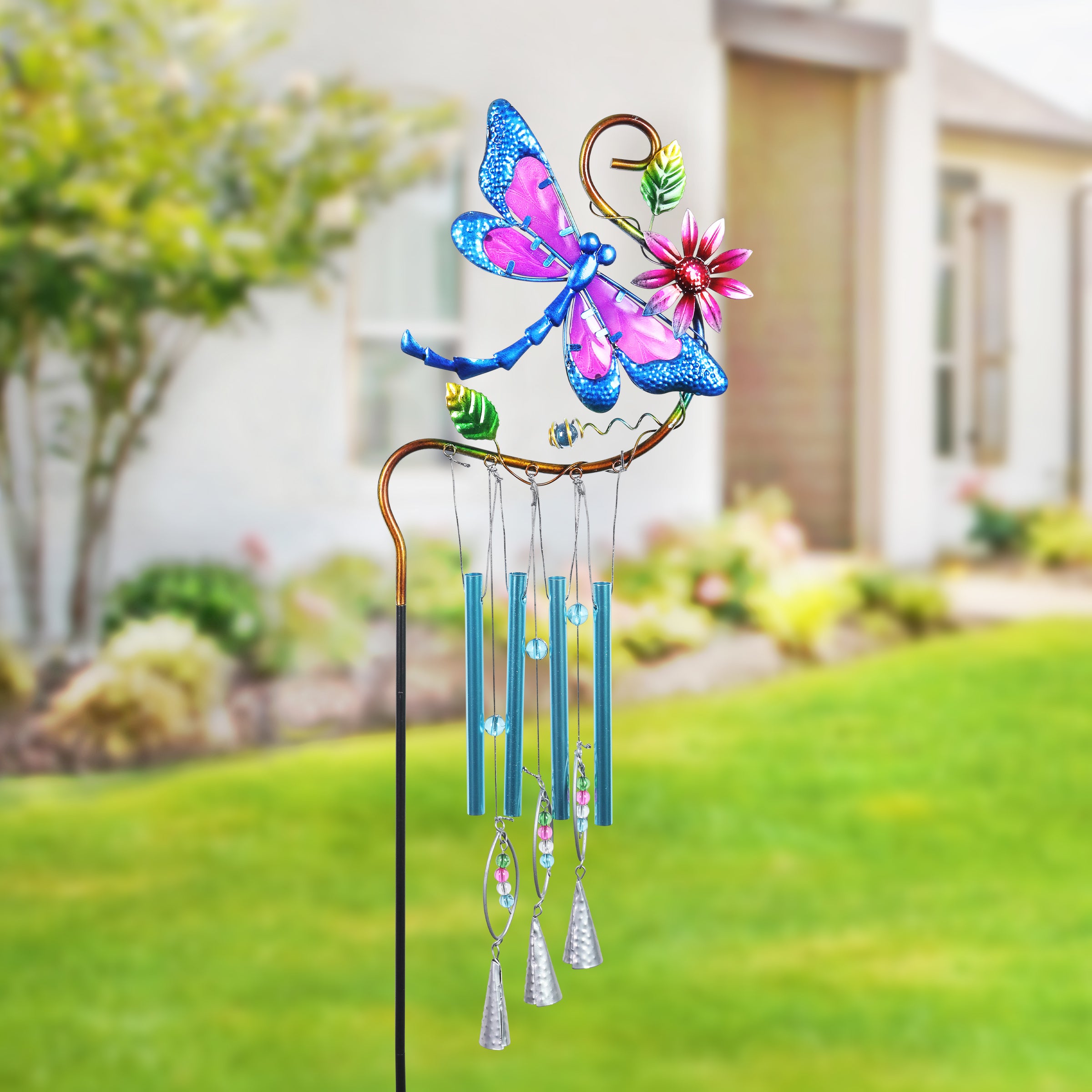 Blue Dragonfly Metal Wind Chime Garden Stake - Thumbnail 4