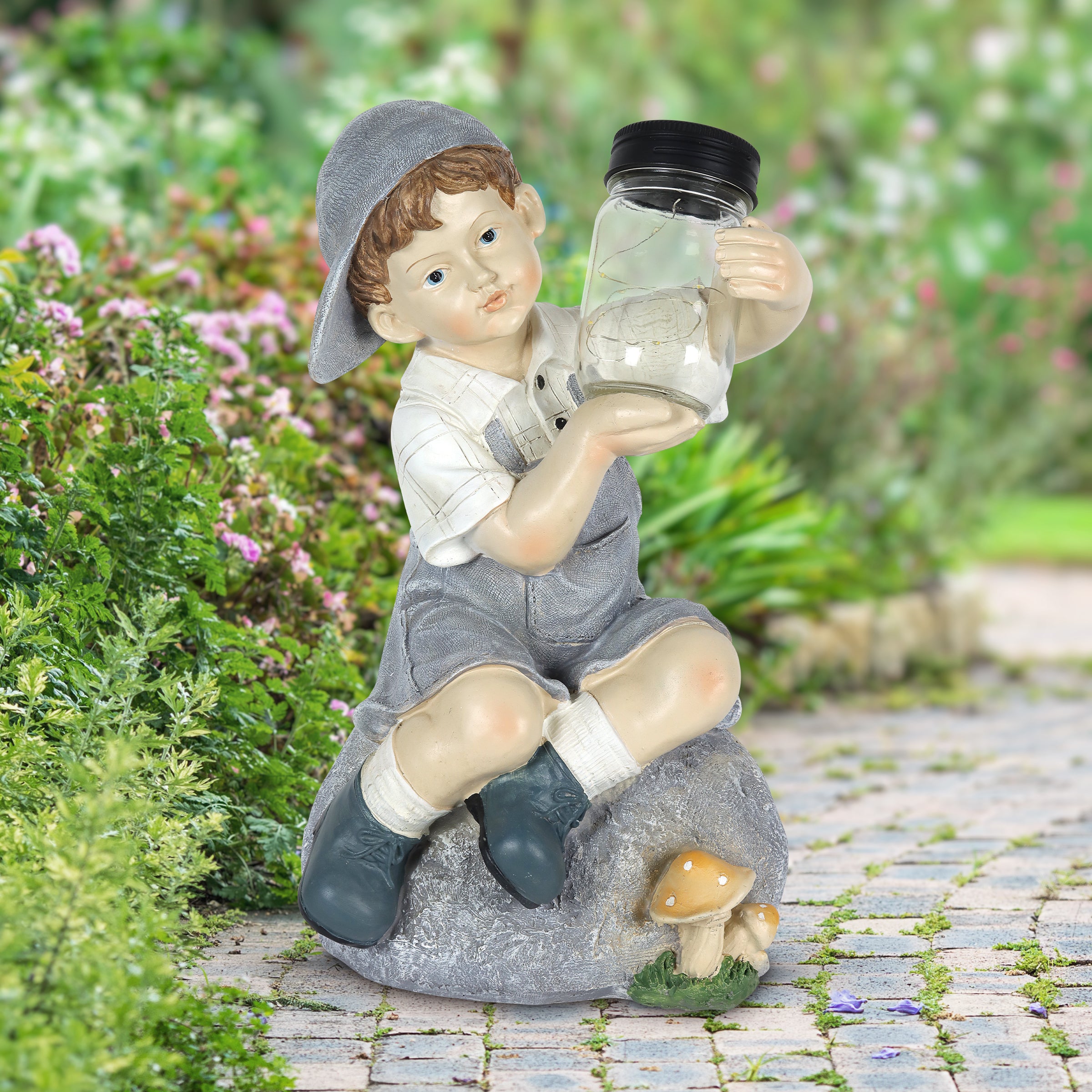 Solar Boy Holding a LED Firefly Jar Garden Statuary - Thumbnail 3