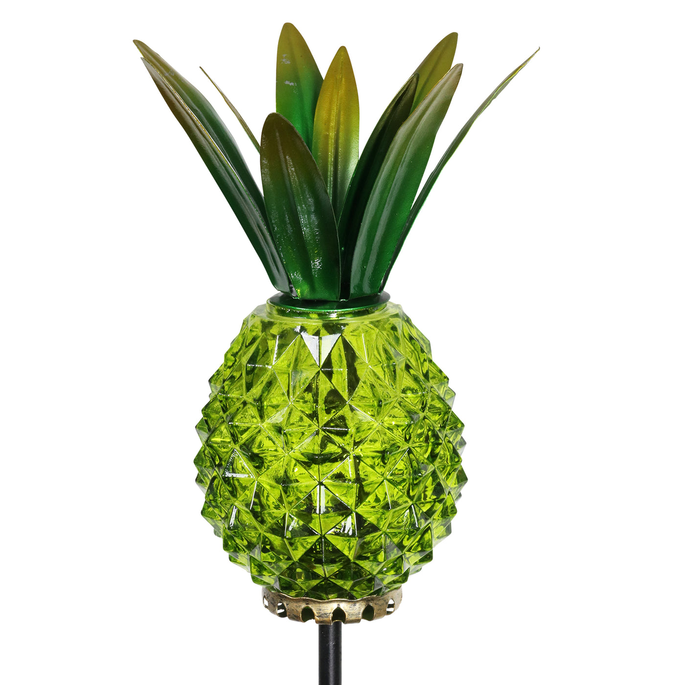 pineapple plant light Solar Green Textured Glass Pineapple Garden Stake With Hand Painted Metal Leaf Crown, 4 by 29 Inches