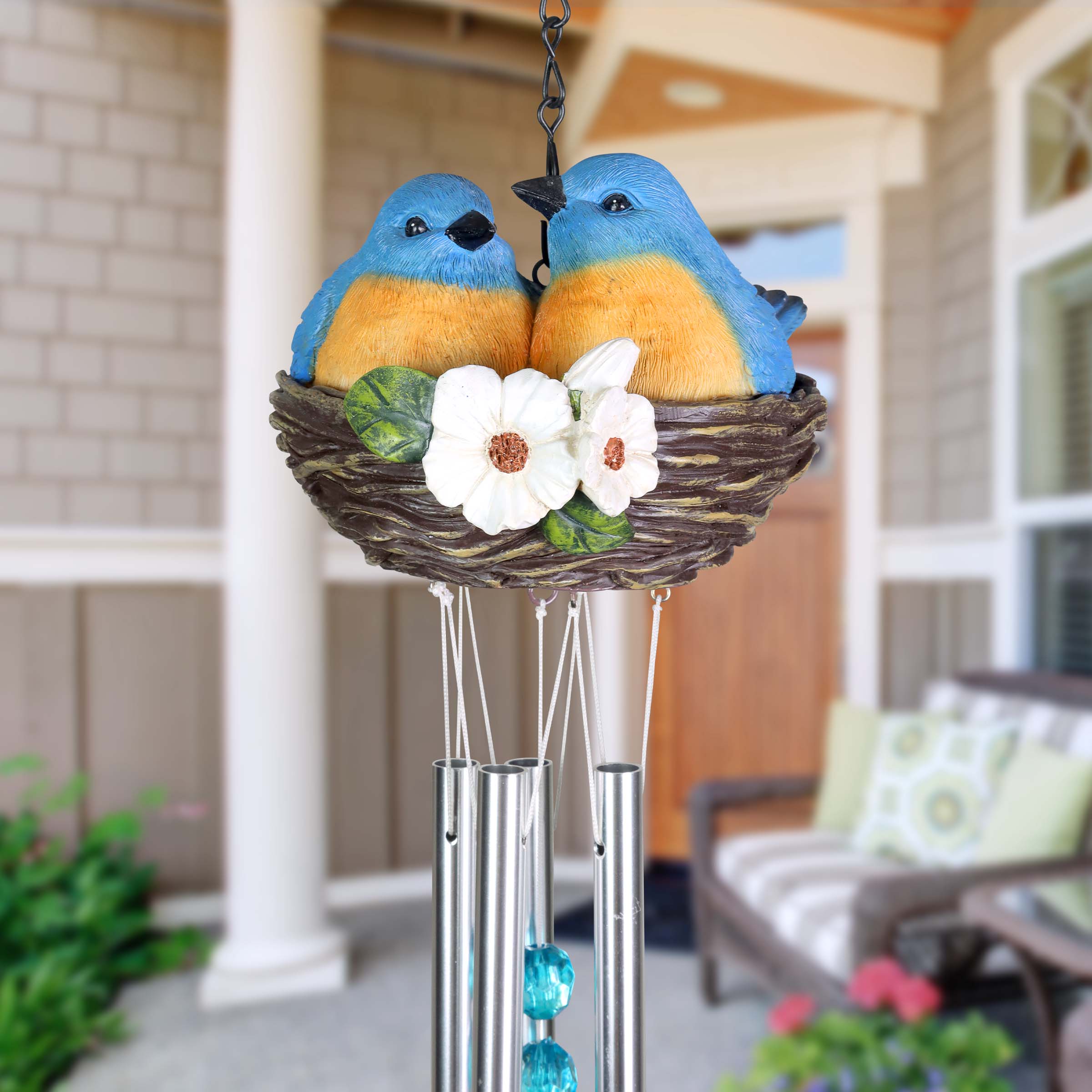 Nesting Blue Birds with Flowers Hand Painted Resin Hanging Wind Chime - Thumbnail 4